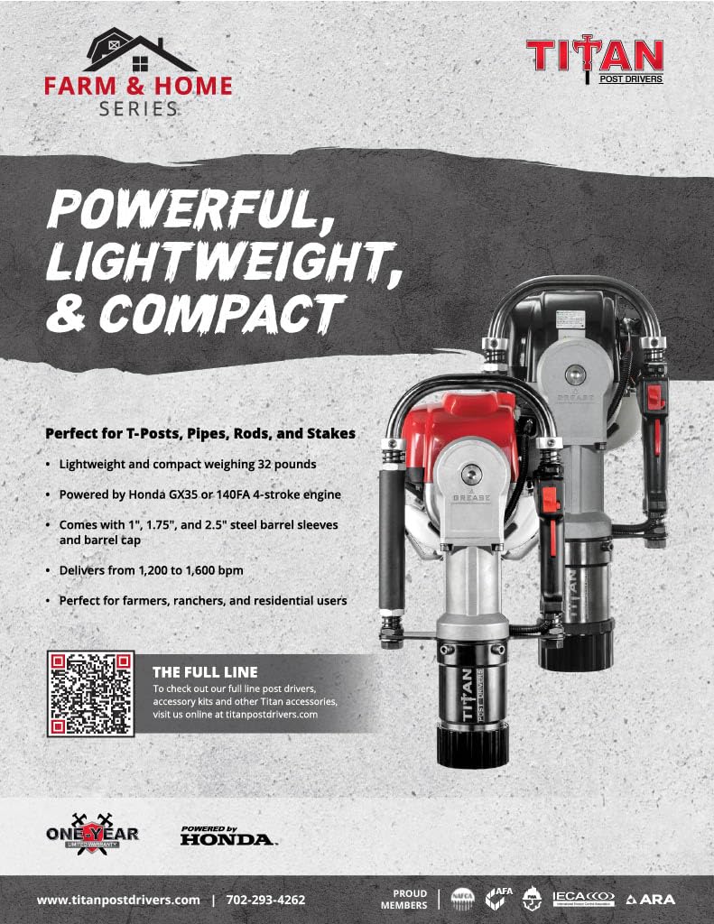 PGD1032 Titan Gas Powered Post Driver – Heavy-Duty Fence Post Driver for T-Posts, Pipes & Stakes – Portable Titan Fence Driver with 140FA 4-Stroke Engine – Farm & Ranch Use