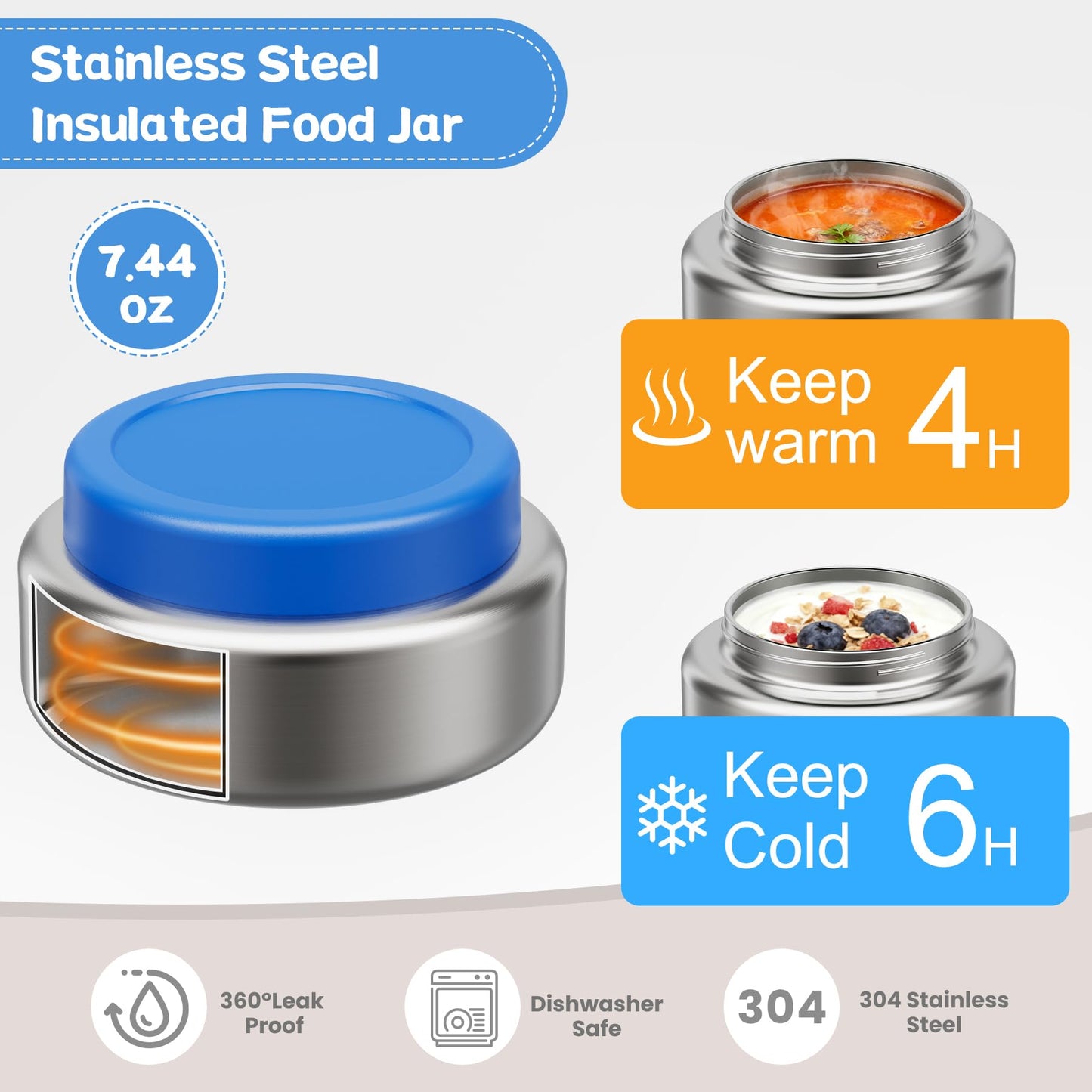 Pawtong Stainless Steel Bento Box Kids Adult with 7oz Insulated Food Jar, Transparent Lid Metal Lunch Box With Soup Thermal Jar, Lunch Box Container with Removable Divider & Sauce Cup School (Blue)