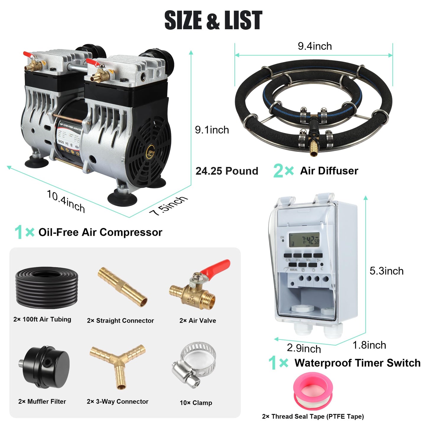 Goldlife A1 Pond Aerator, 1HP 750W 110V/120V 7CFM Aerartion System for Up to 5 Acre Lake, With Air Compressor & 2 100FT Tubings & 2 Diffusers & Timer, for Outdoor Ponds Water Oxygen Circulation