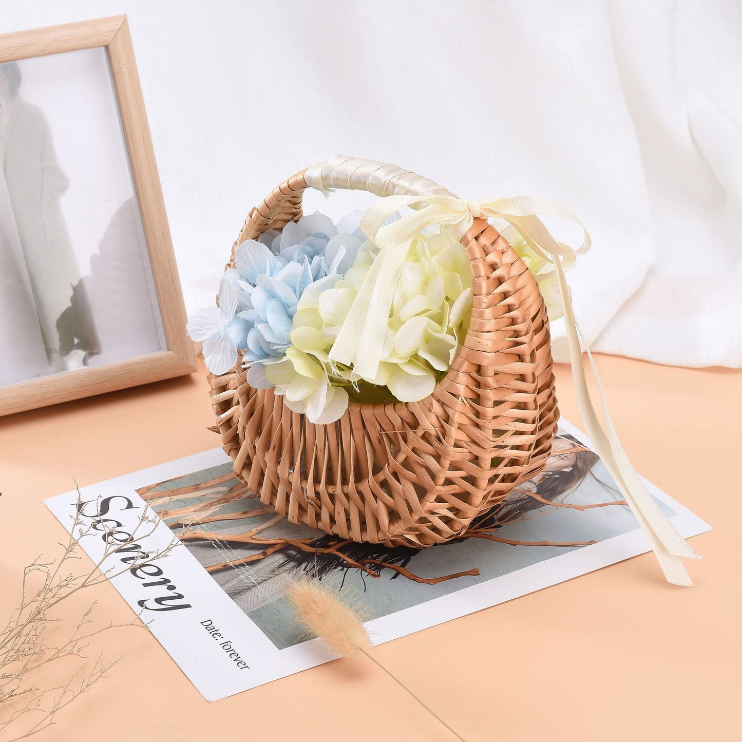 RXMORI 4PCS Flower Girl Basket with Ribbon,Woven Flower Hand Baskets Rattan Baskets Willow Basket with Handles,Willow Handwoven Basket for Wedding Banquet Party Supplies