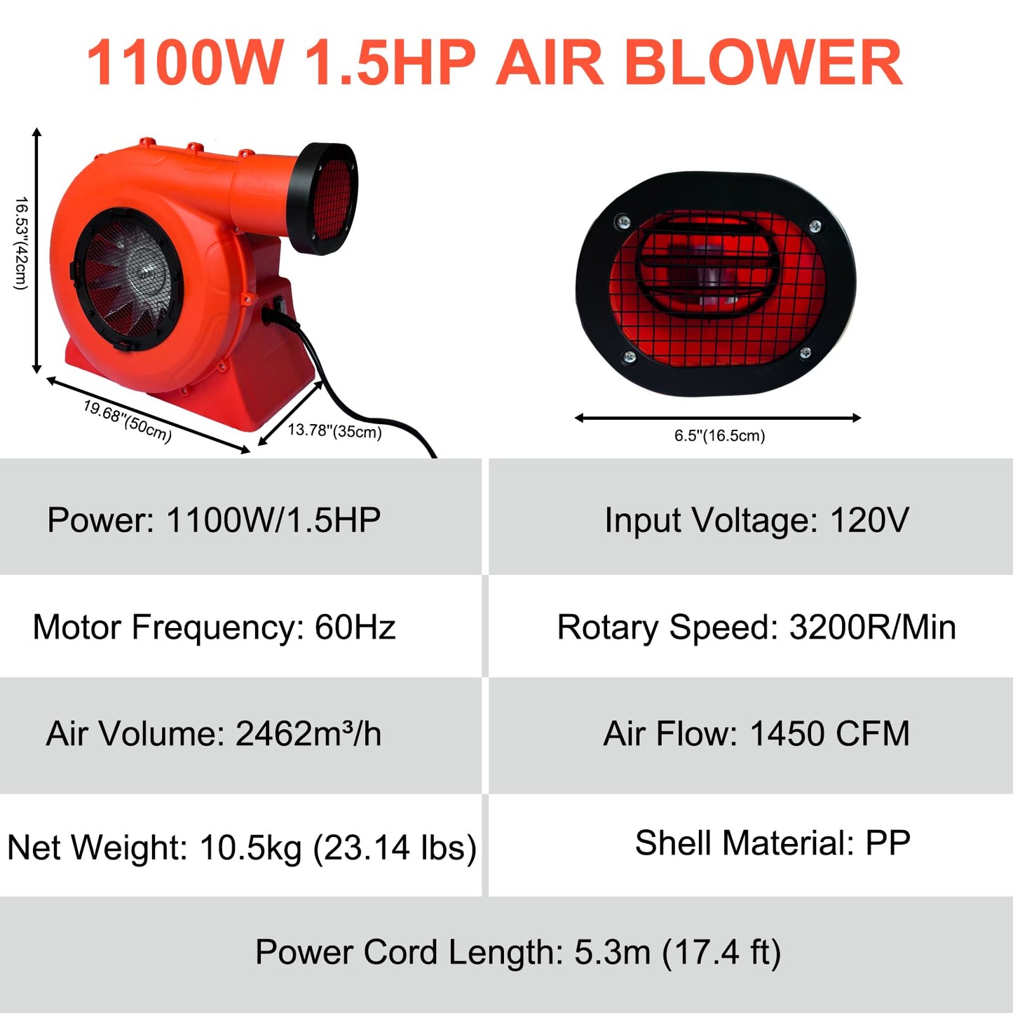 GONFLABLE Air Blower, 1100Watt/1.5HP Powerful Bounce House Blower, Portable Fan Pump Commercial for Large Inflatables, Water Slides, Castle, Jump Slides, Holiday Decorations