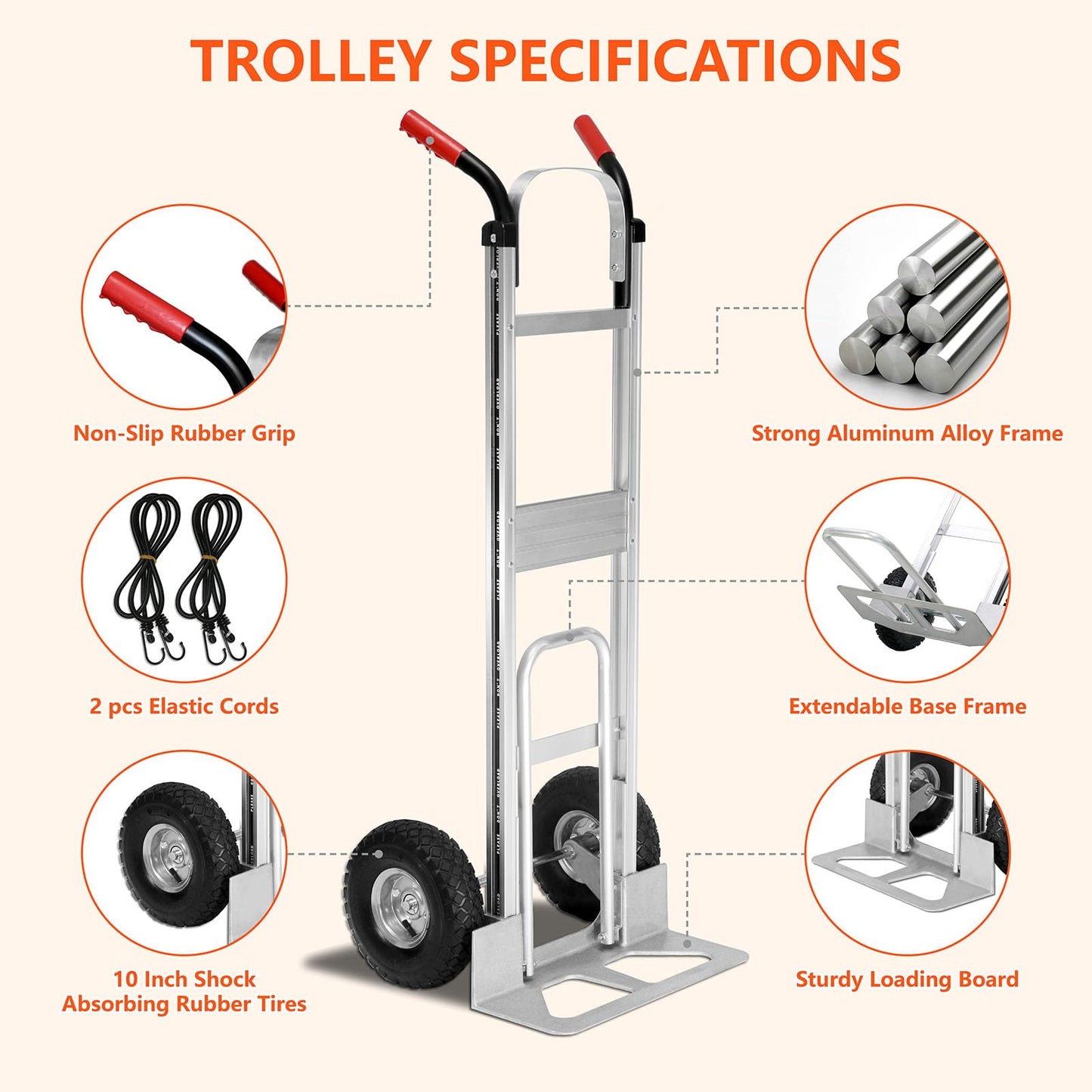 Aluminum Hand Truck 600 LBS Capacity, Handle Heavy Duty Industrial Dolly with 10" Pneumatic Tire and 2 Elastic Cords, Platform Cart for Transport and Moving in Home, Office, Warehouse, Supermarket