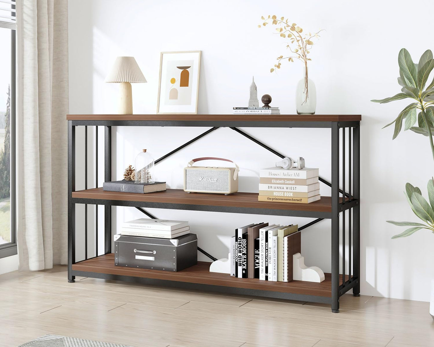 IBF 3-tier Industrial Bookshelf, Wood and Metal Horizontal Shelves Rustic Low Wide Bookcase with Large Open Storage, Farmhouse Simple Display Shelf for Home Office Living Room Kitchen, Walnut, 47 Inch