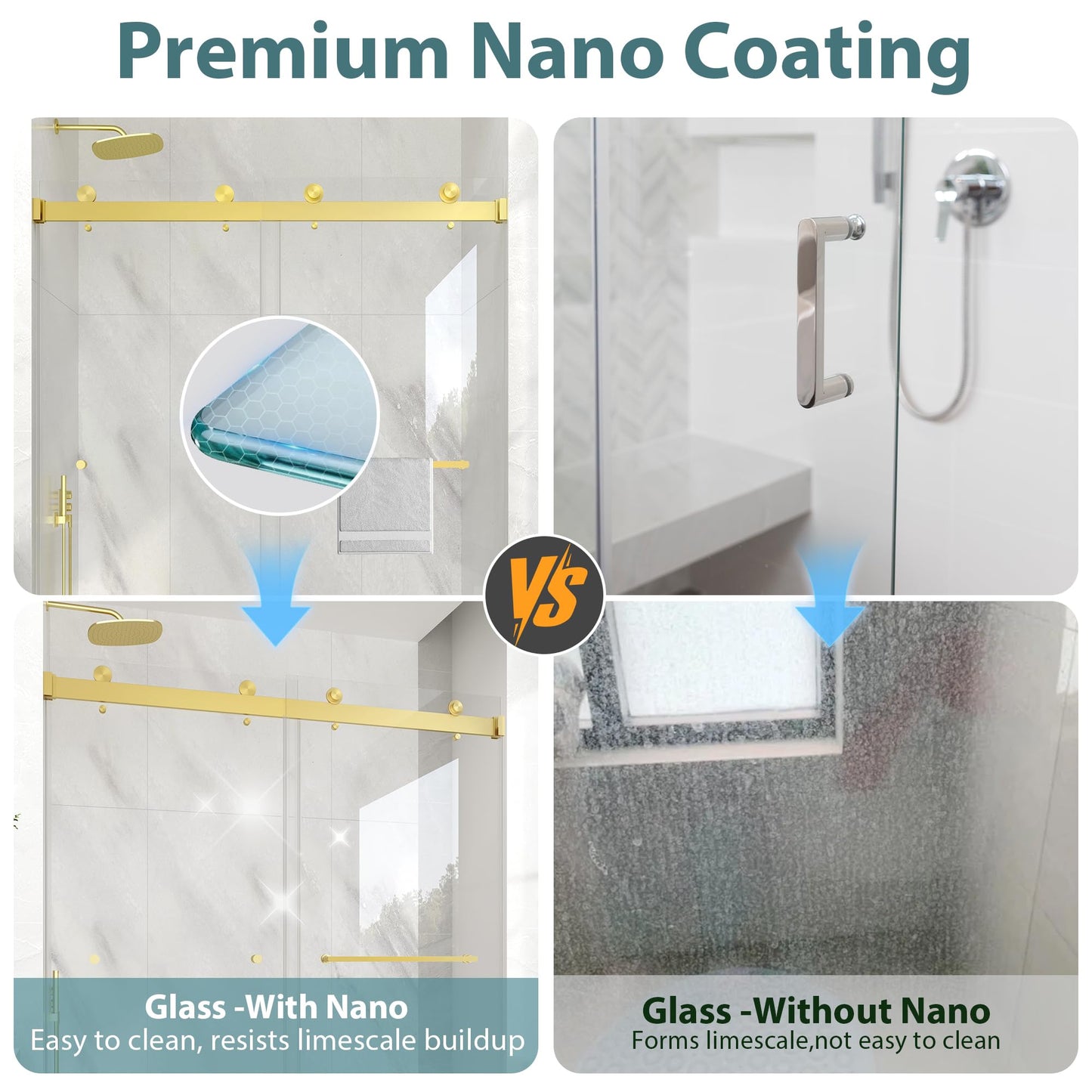 KPUY Frameless Shower Door, 43-48" W x 76" H Double Sliding Glass Shower Door, 1/4" (6mm) Thick Tempered Clear Glass with Explosion-Proof Film Nano Coating, Brushed Gold
