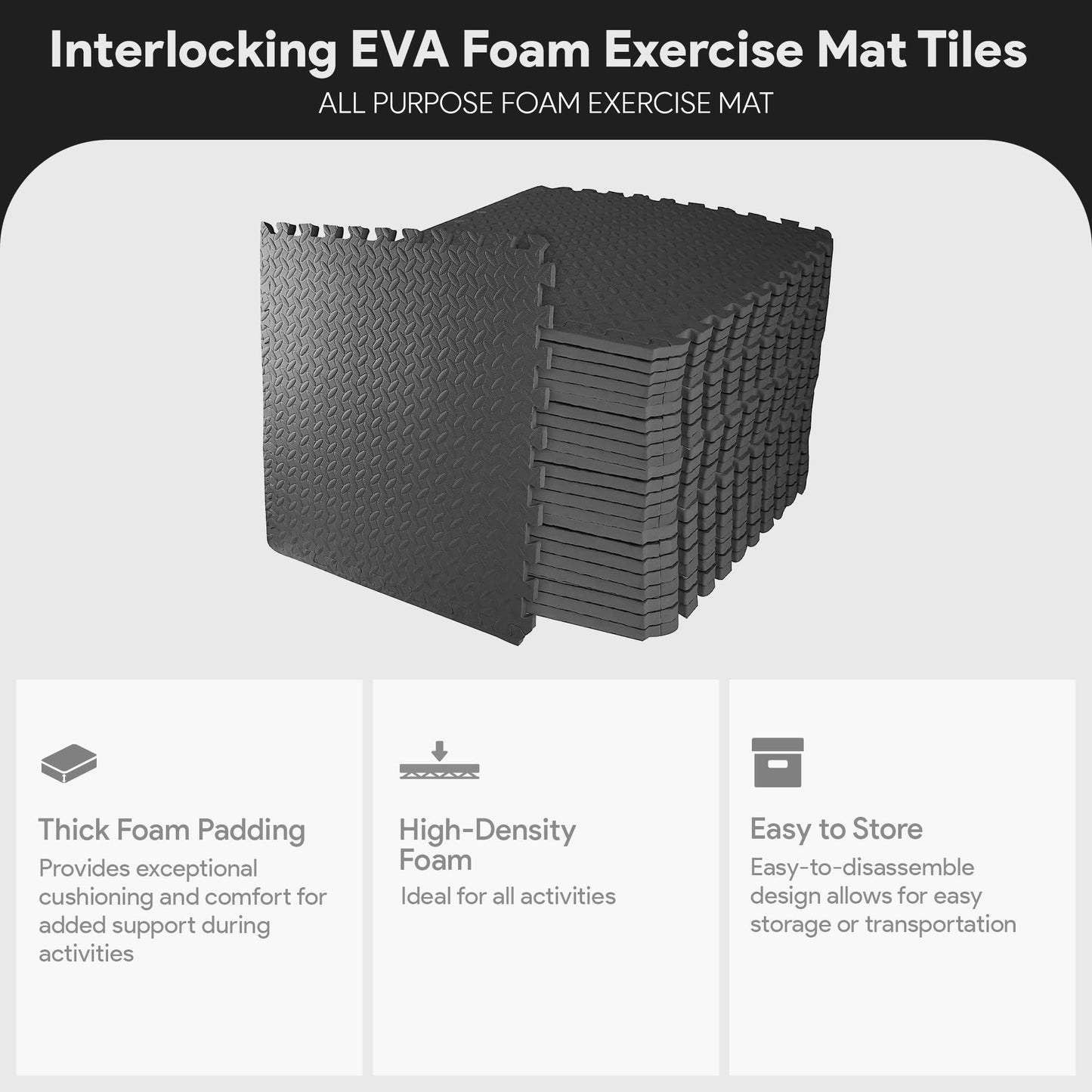 BalanceFrom Puzzle Exercise Mat 3/4" Thick, EVA Interlocking Foam Floor Tiles for Home Gym, Mat for Home Workout Equipment, Floor Padding for Kids, Black, 24 in x 24 in x 3/4 in, 96 Sq Ft - 24 Tiles