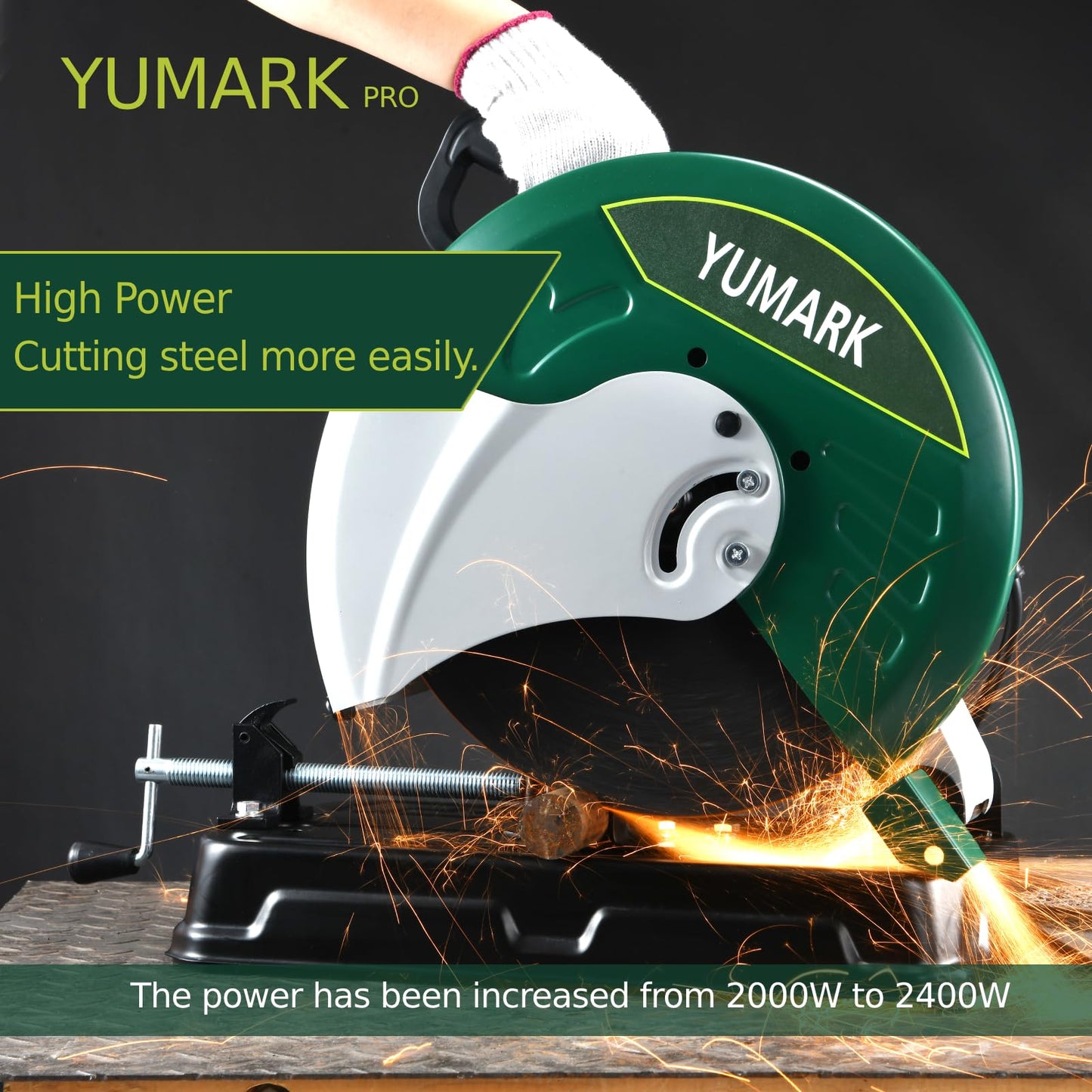 Yumark Abrasive Chop Saw, 2400W 3800RPM Steel Cutting Machine, 45° Adjustable Angle Metal Cutting Saw with 14in Blade for Cutting Rebar, Angle Steel, Hollow Pipe