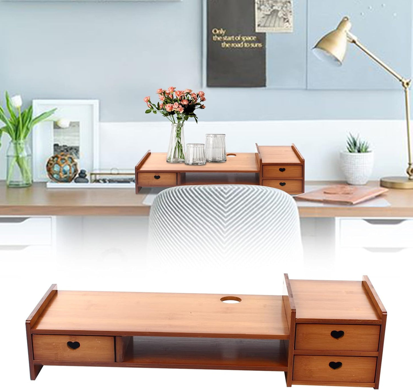 YIYIBYUS 2-Tier Monitor Stand Riser Bamboo Wood Computer Monitor Riser Stand Desktop Organizer Stand with Storage