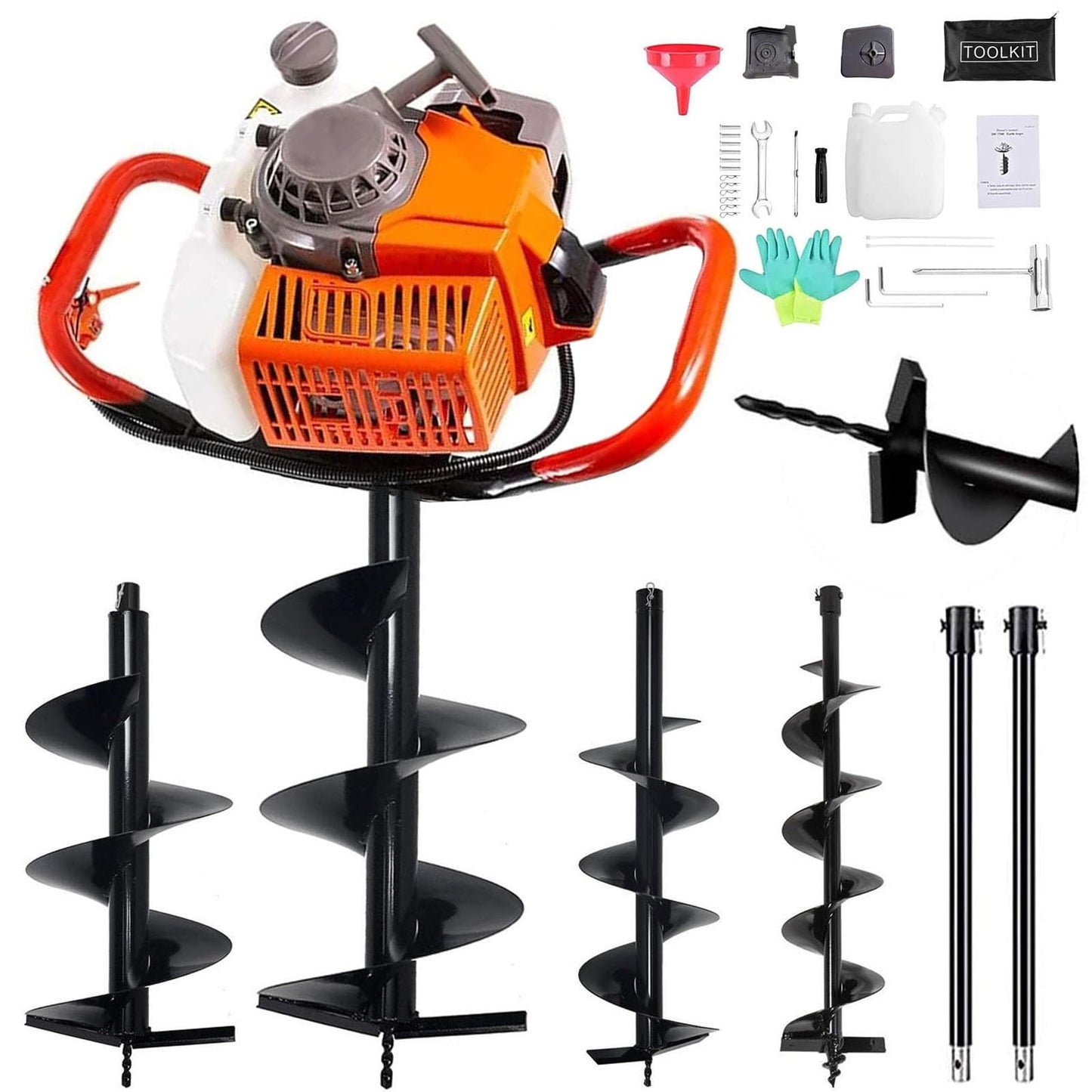 PRIJESSE 72cc Post Hole Digger 2-Stroke Petrol Gas Powered Earth Digger with 3 Auger Drill Bits (4" 8" & 12") + 2 Extension Rods for Farm Garden Plant