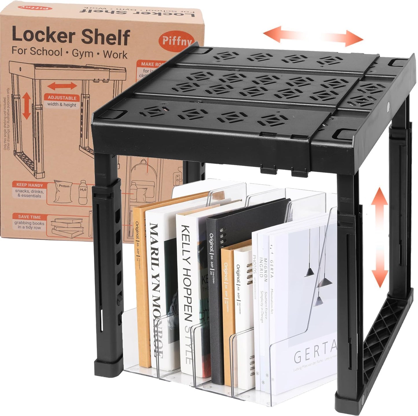 Piffny Locker Organizer Shelf， Adjustable Width and Height, Stackable, Ideal Locker Shelf for School, Office, Gym Lockers, or Even Kitchen Cabinets & Under Sink Organization (Black 1 Pack)