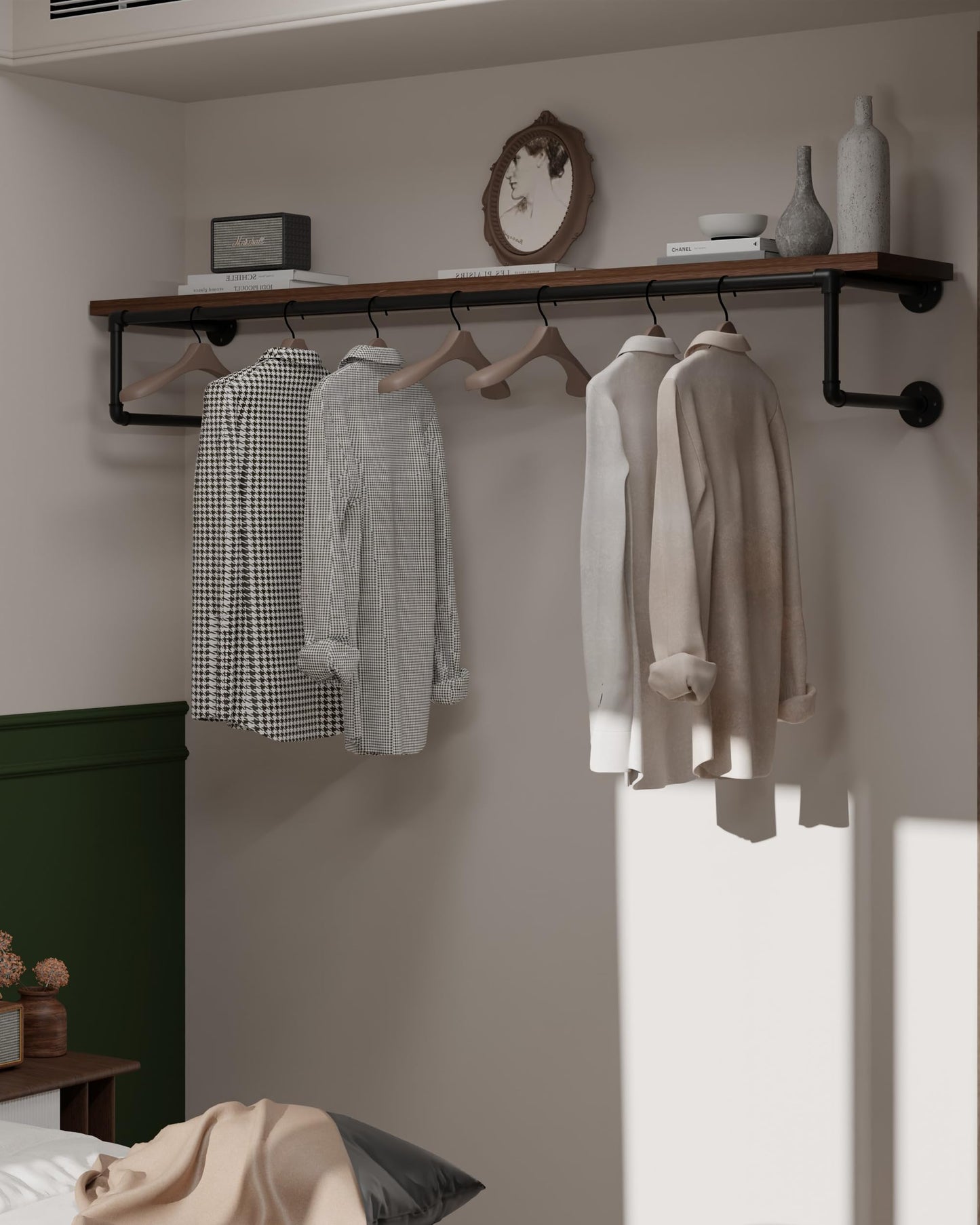TEDIDUWA Clothes Rack 60in, Wall Mounted Garment Racks with Real Walnut Wood Shelf, Heavy Duty Hanging Clothes Rack, Multi-Purpose Hanging Rod, Space-Saving Closet Storage
