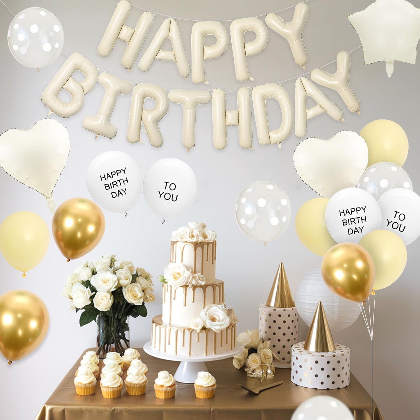 Pastel Yellow Birthday Decorations,Happy Birthday Banner with Heart Star Foil Balloons,Macaron Yellow Gold Sand White Clear Printed Balloons for Men Women Birthday Party Decor