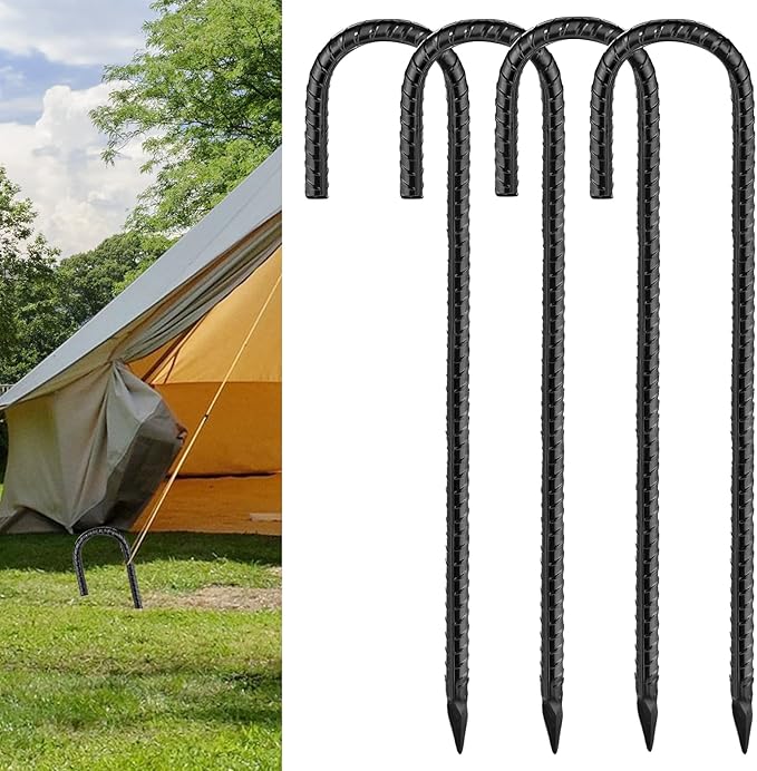Black Rebar Stakes 16inx10mm Galvanized J Hook 4pcs – Heavy Duty Ground Tent Stakes for Fence,Bounce House,Outdoor Plants,Artificial Turf,Dog Coop,Metal Stakes for Christmas Decorations