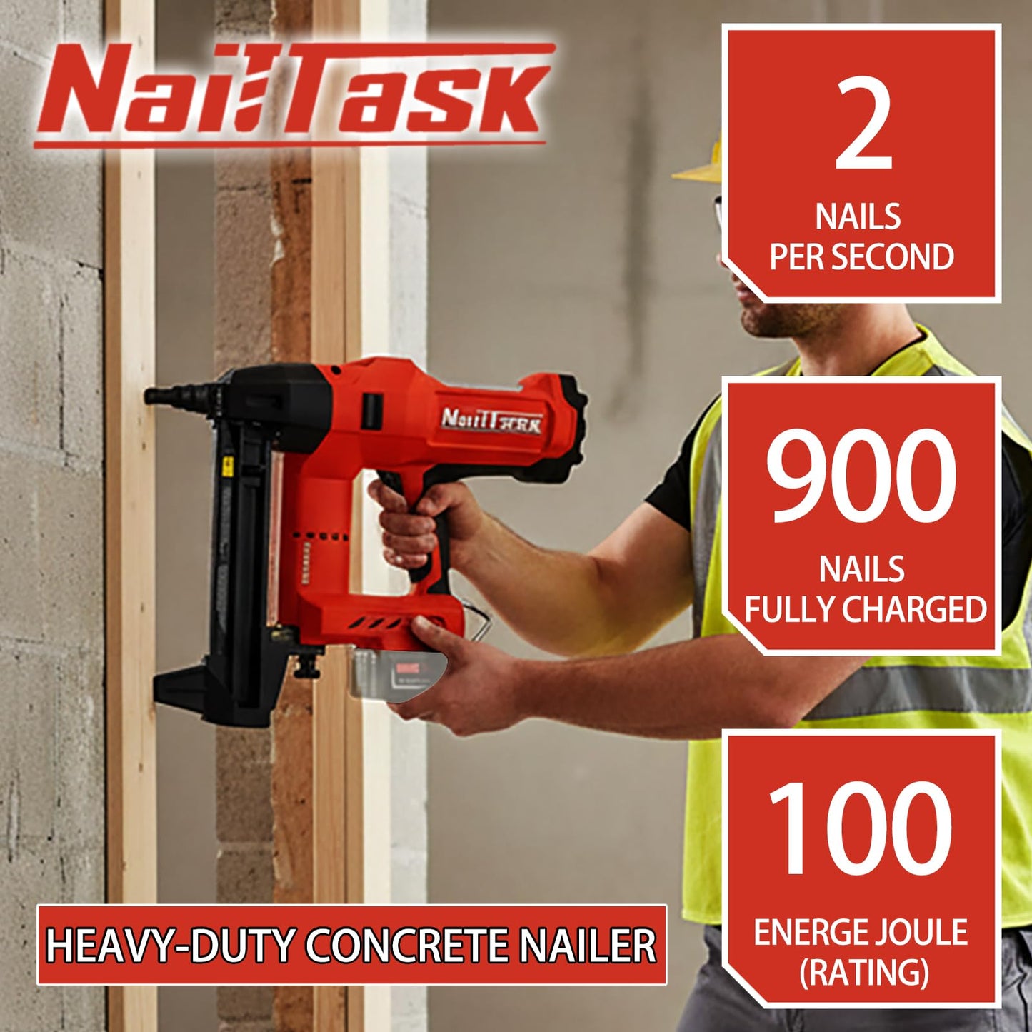 NailTask Cordless Electric Concrete Nail Gun 20V Power Pin Nailer Kit Fastener Machine Nailer Brushless Motor Tools (Without Battery) for Fastening Sheet Iron to Concrete Brick Wall Plumbing Work