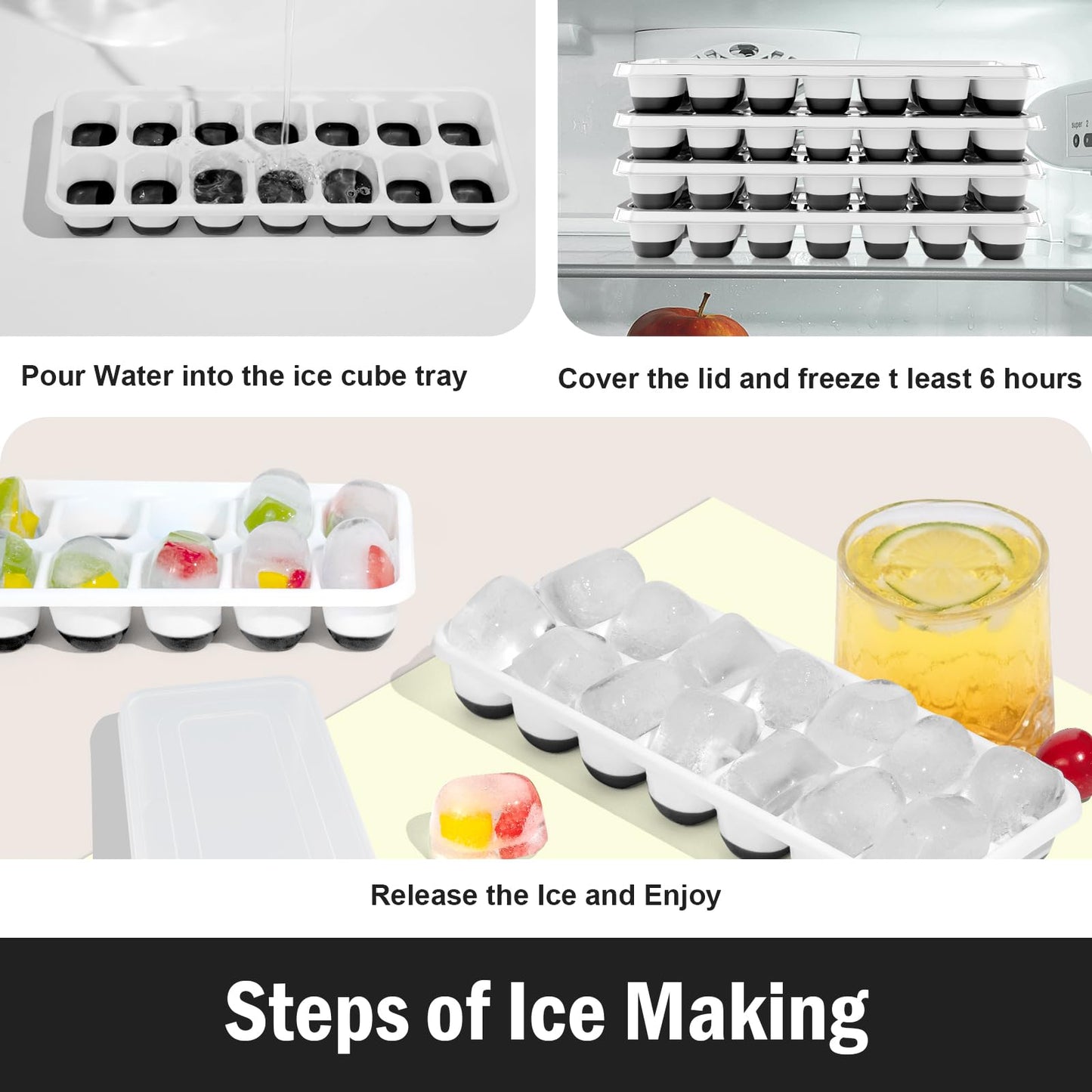 DclobTop Ice Cube Trays with Lid and Bin, Ice Trays for Freezer - Easy to Release Silicone Mold, Stackable Reusable Plastic Molds for Cocktails, Whiskey, Drinks and Iced Coffee, BPA-Free