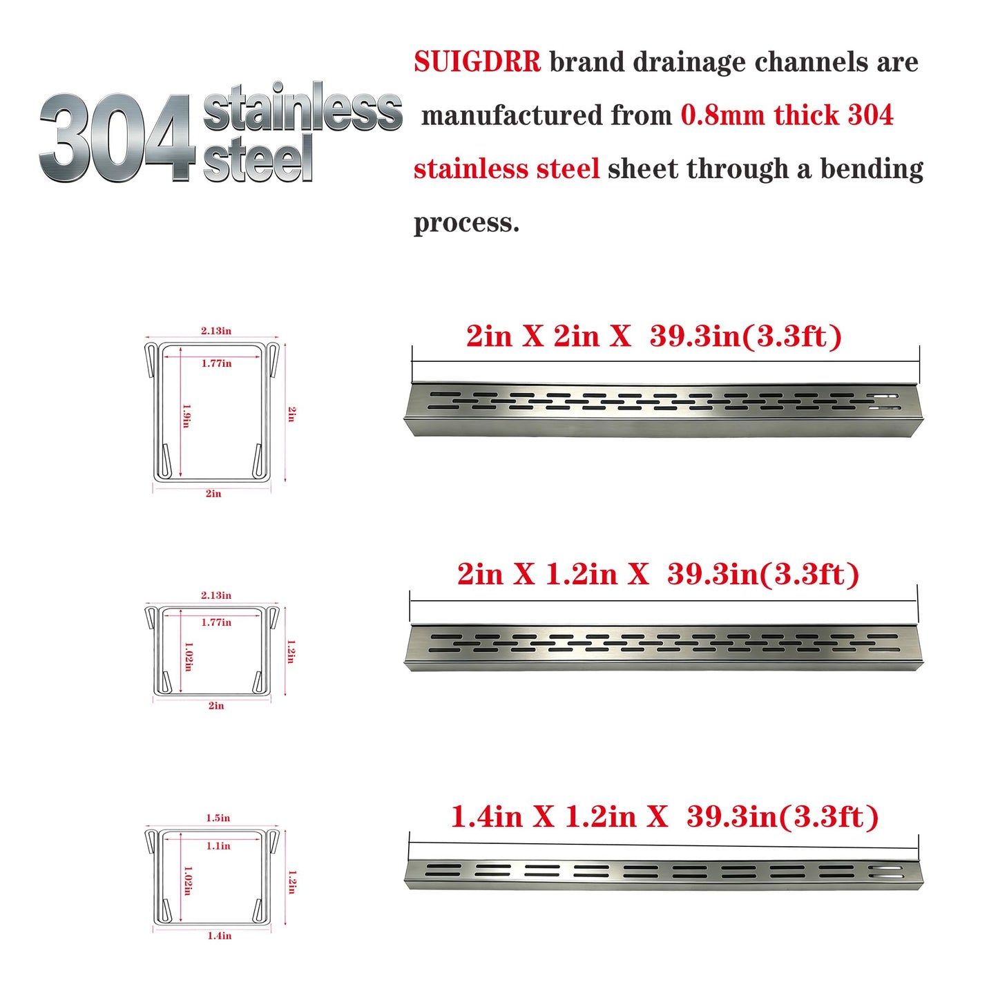 304 Stainless Steel Trench Drain Kit,Narrow Channel Drain with Grate & Coupling, Outdoor Drainage for Pool Deck/Yard/Driveway/Garage (1, Silver Gray, 19.6FT-1.4IN X 1.2IN)