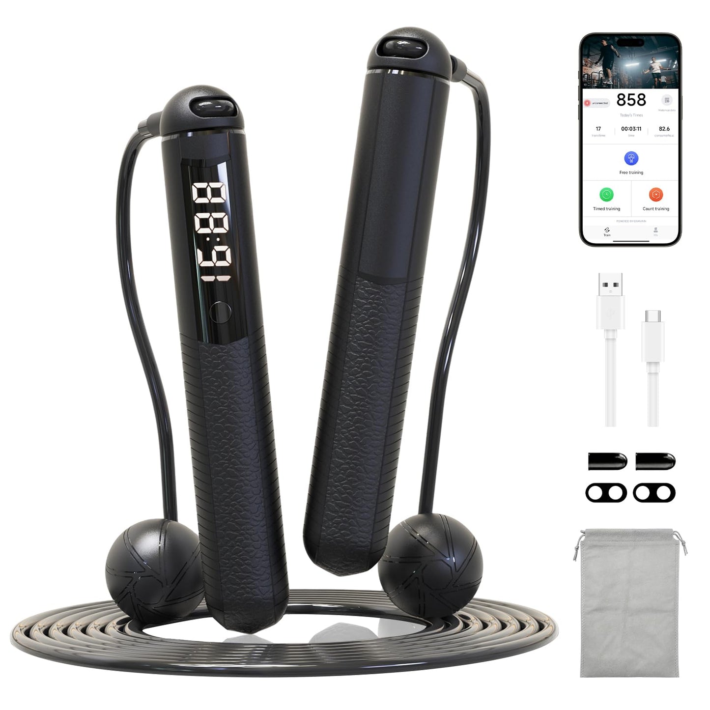 SaintCos Cordless Gravity Jump Rope, Smart Jump Rope with Counter for Gym, Fat Burning & Calorie Burn, APP Data Analysis, Home Workout Equipment for Women ＆ Men (Black)