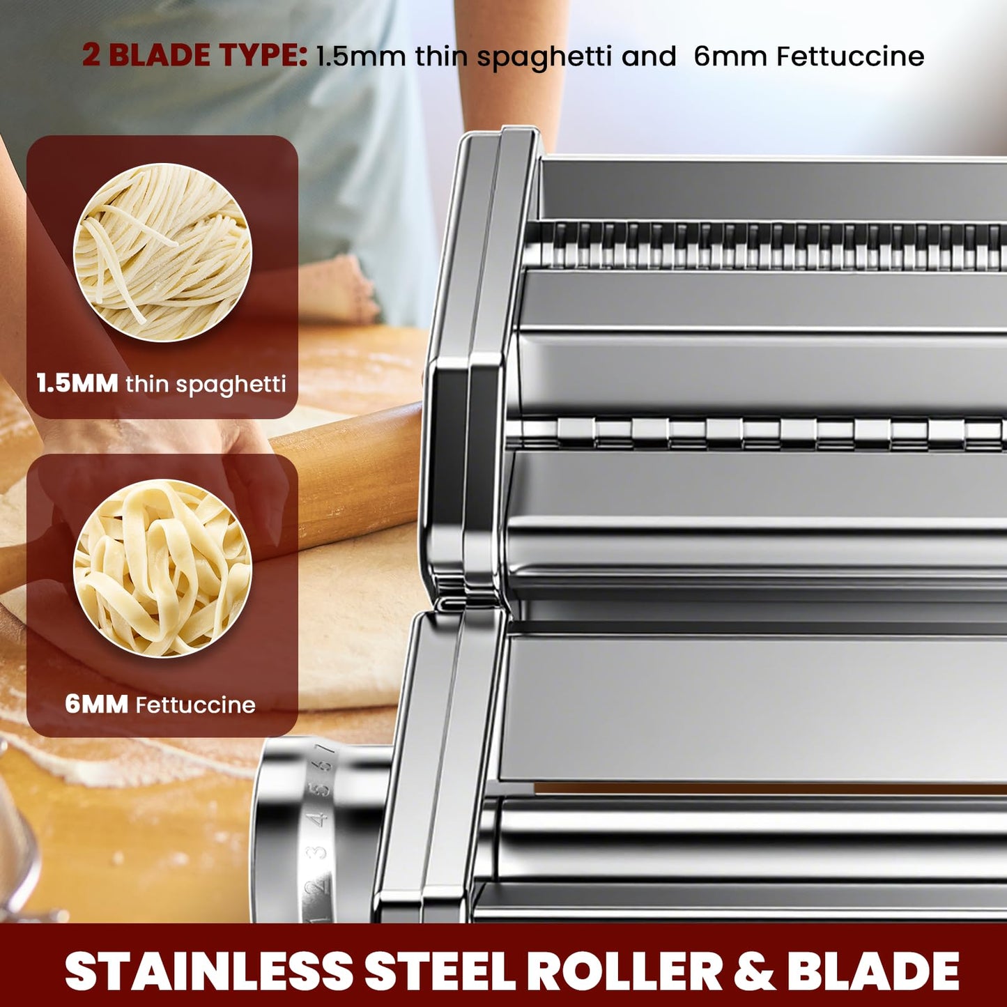 NEWTRY Electric Pasta Maker Machine Noodle Making Dough Roller Press with Detachable Motor 0.2-0.5mm Dough Sheet Thickness Adjustable 1.5mm Pasta 6mm Fettuccine Cutter 110volt for Home Use