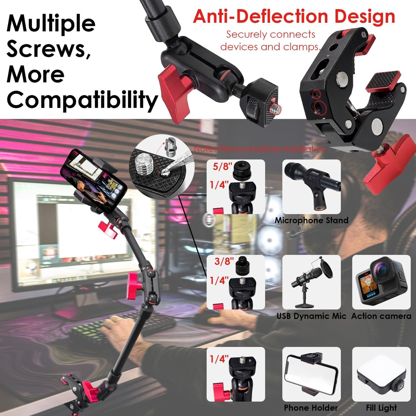 Socpuro 22" Magic Arm w Clamp Mount, Adjustable Overhead Phone Mount Stand, Articulating Friction Boom Arm w Thread