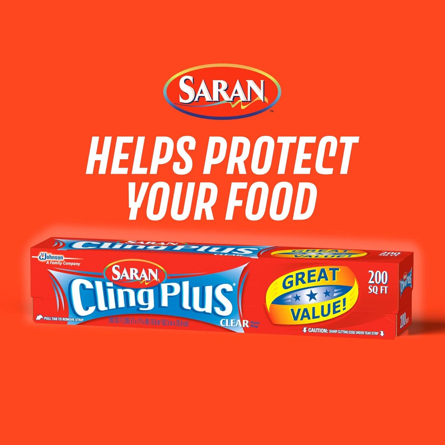 Saran Cling Plus Clear Plastic Wrap - Easy Dispense Food Storage, 200 Sq Ft Roll