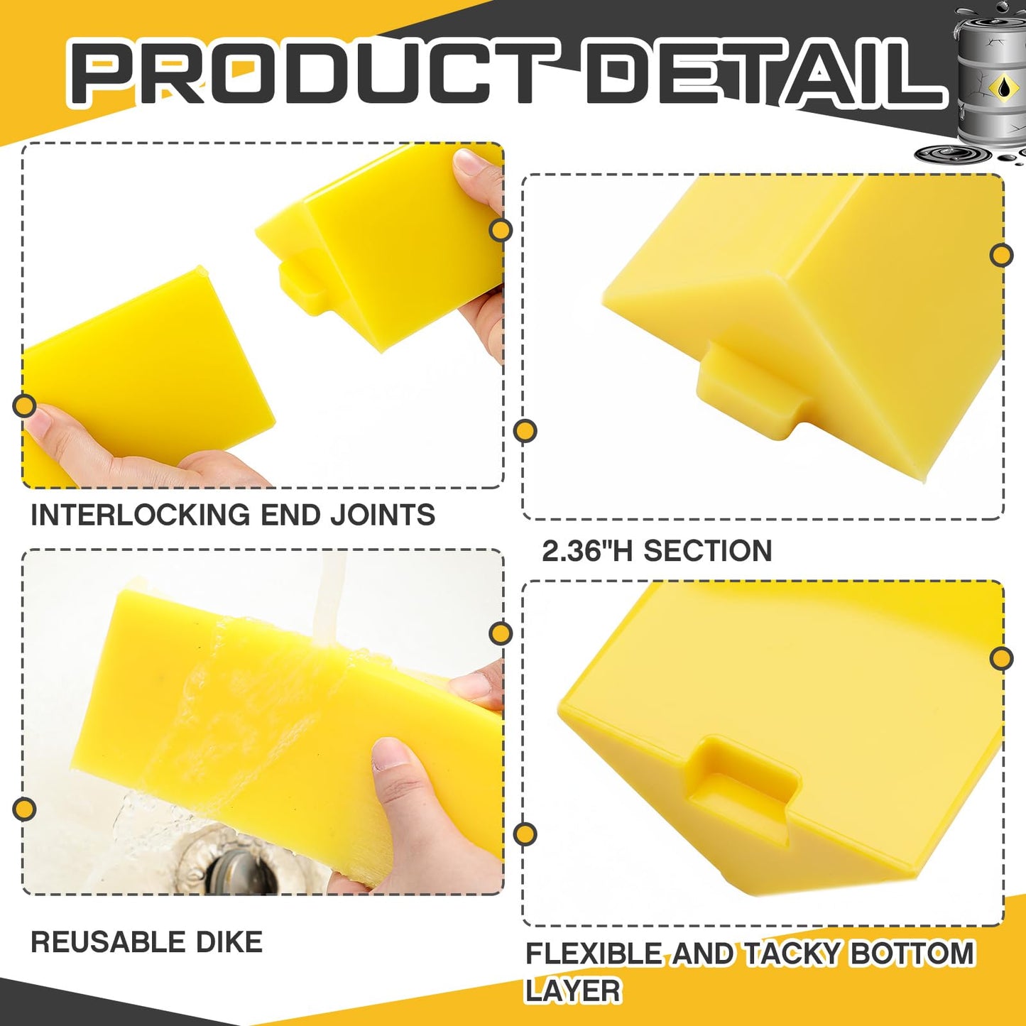 Pushglossy 1 Pcs Spill Barrier Dike 5'L x 4.3"W x 2.4"H Water Dam Barrier Liquid Blocker for Garage Home Floor Flooding Solutions(Yellow)