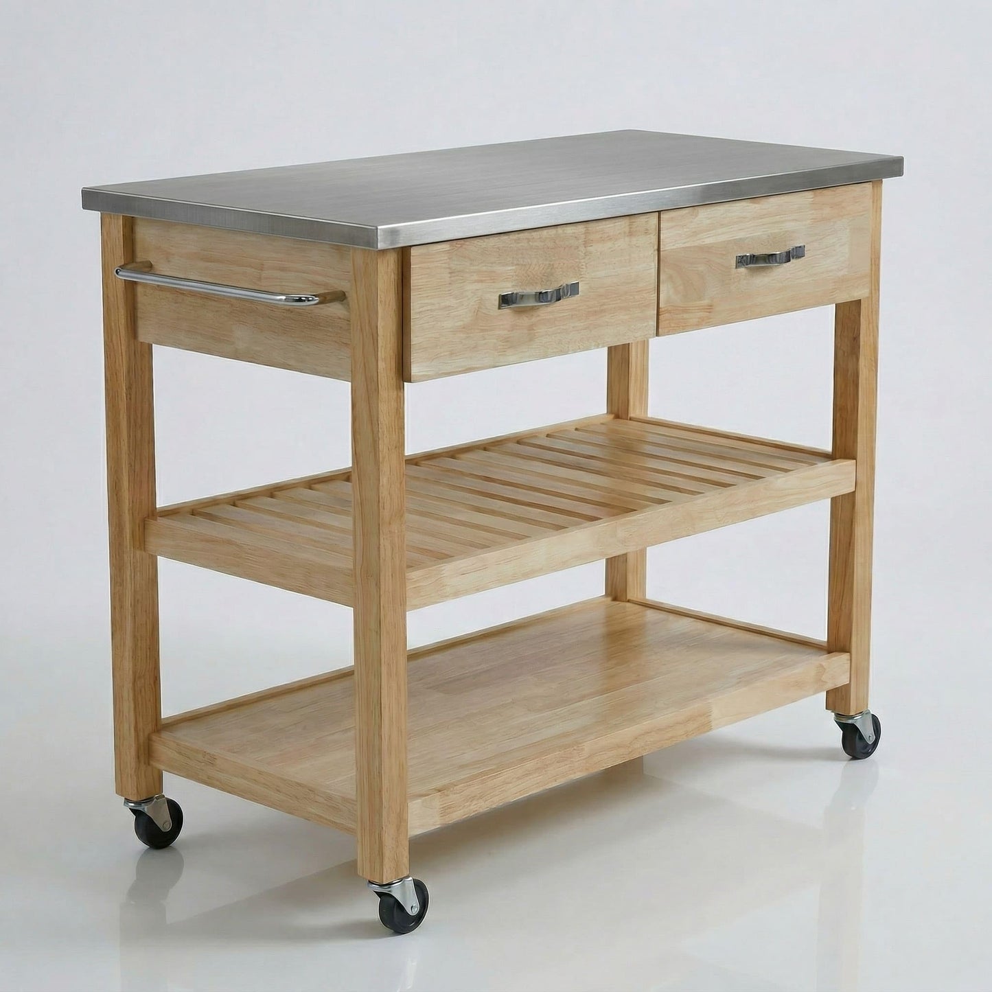 Casaphoria Amanda Collection Solid Wood Kitchen Island, 42" Butcher Block Cart with Stainless Steel Top & Locable Wheels, Prep Table for Small Spaces (Natural)