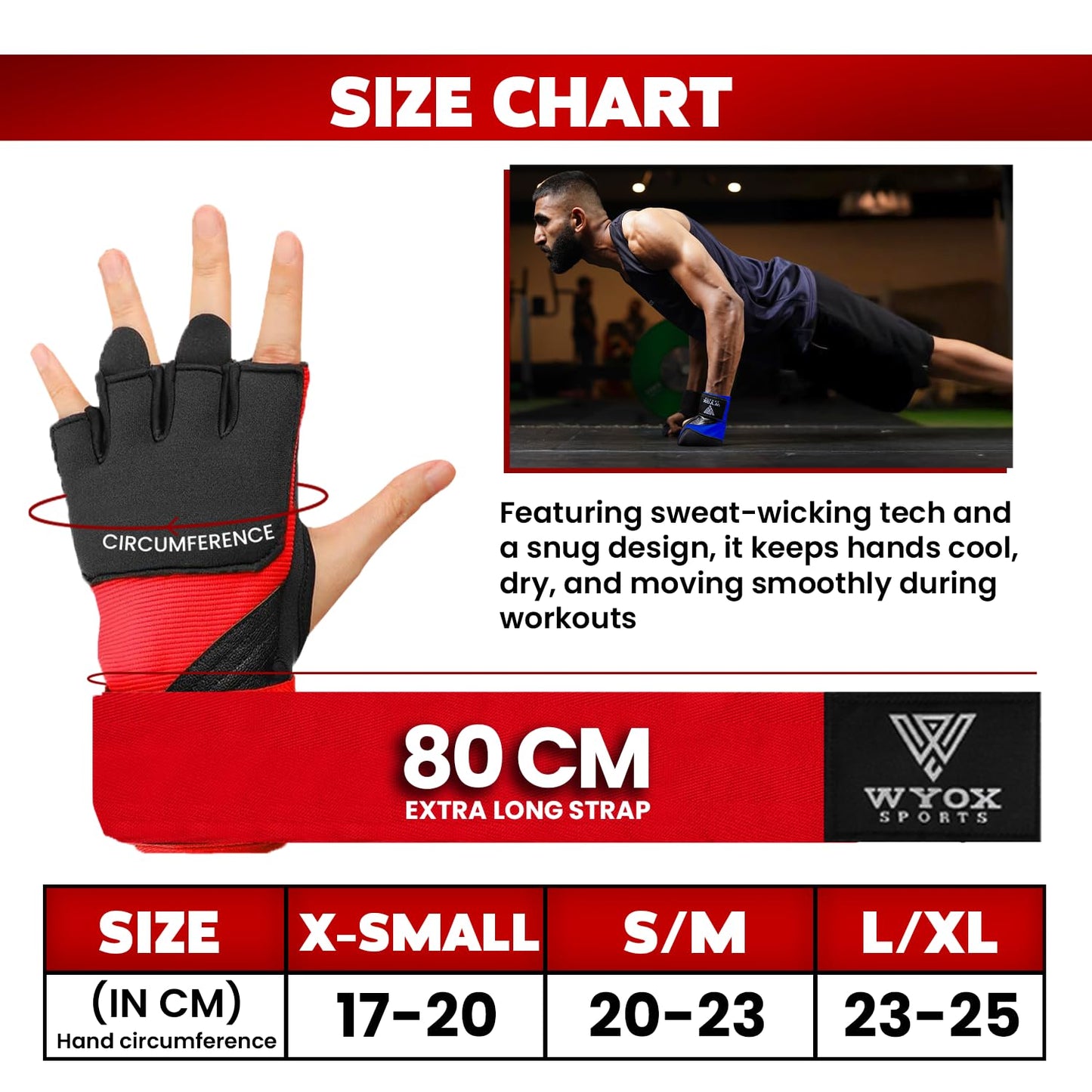WYOX Gel Boxing Hand Wraps Inner Gloves for Men & Women, 80cm Quick Wrist Straps, Padded Knuckle Protection for Muay Thai Kickboxing, Hand Wraps for Boxing & Martial Arts (Red, L/XL)