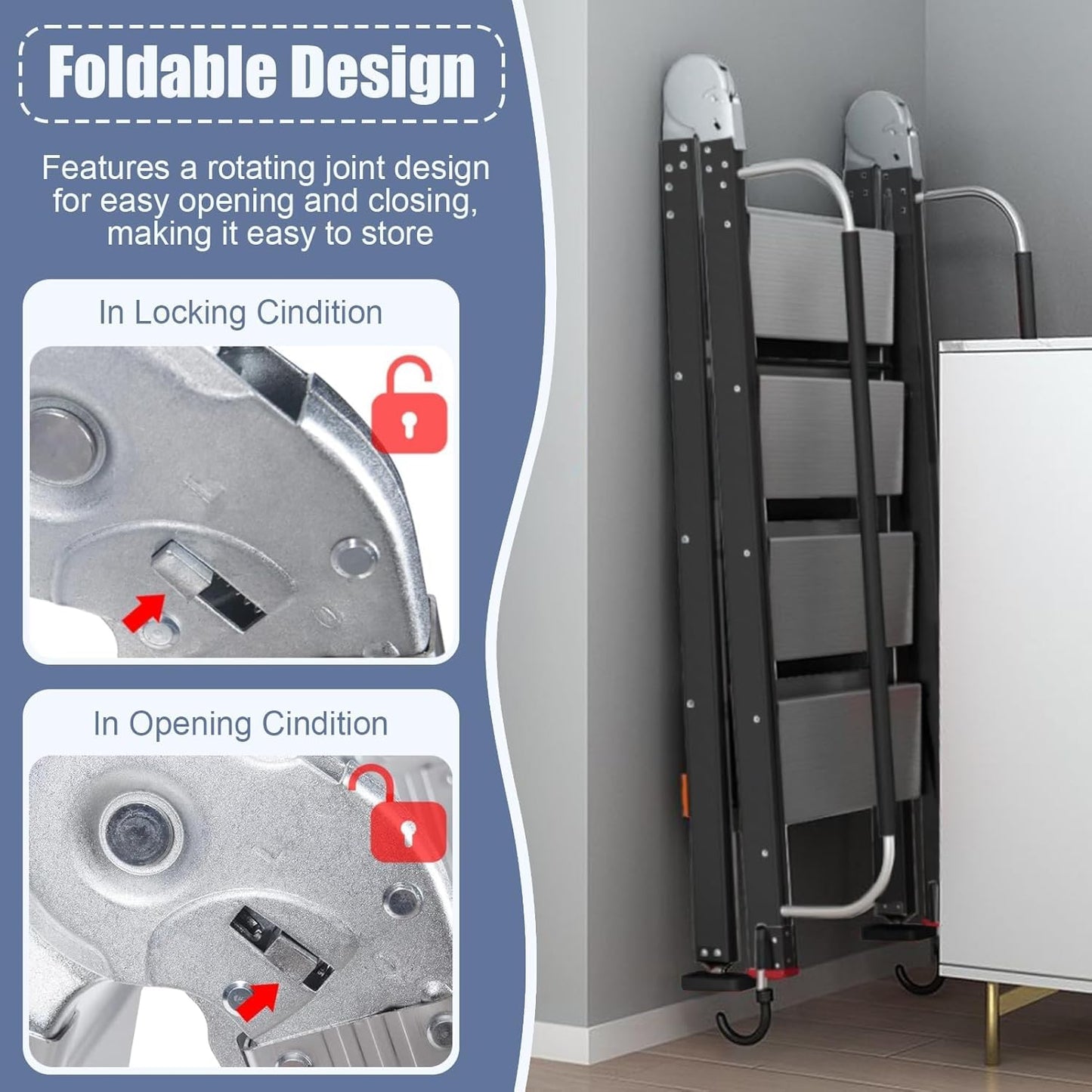 Foldable Aluminum Loft Stairs Ladder 8.5ft / 9ft / 9.5ft / 10.5ft / 11.5ft, Heavy Duty Bunk Bed ladders with Handrails ＆ Hooks, 10 Step Attic Ladder for Small Opening, Load 330 lbs
