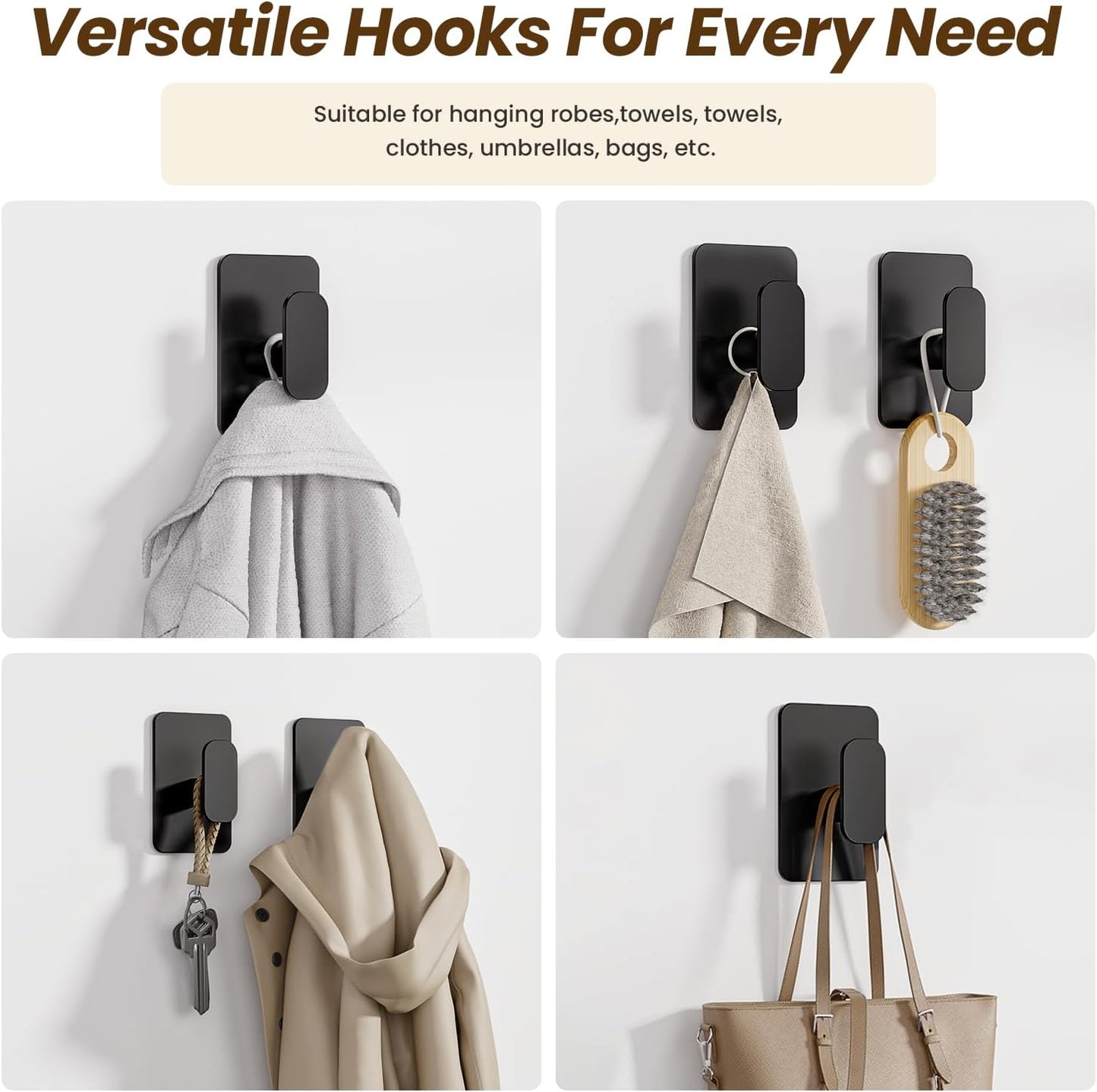 Skiennix Heavy Duty Self-Adhesive Hooks - 26lb Capacity, Waterproof & Rustproof Stainless Steel | Black, 4 Pack for Towel, Coat, Robe