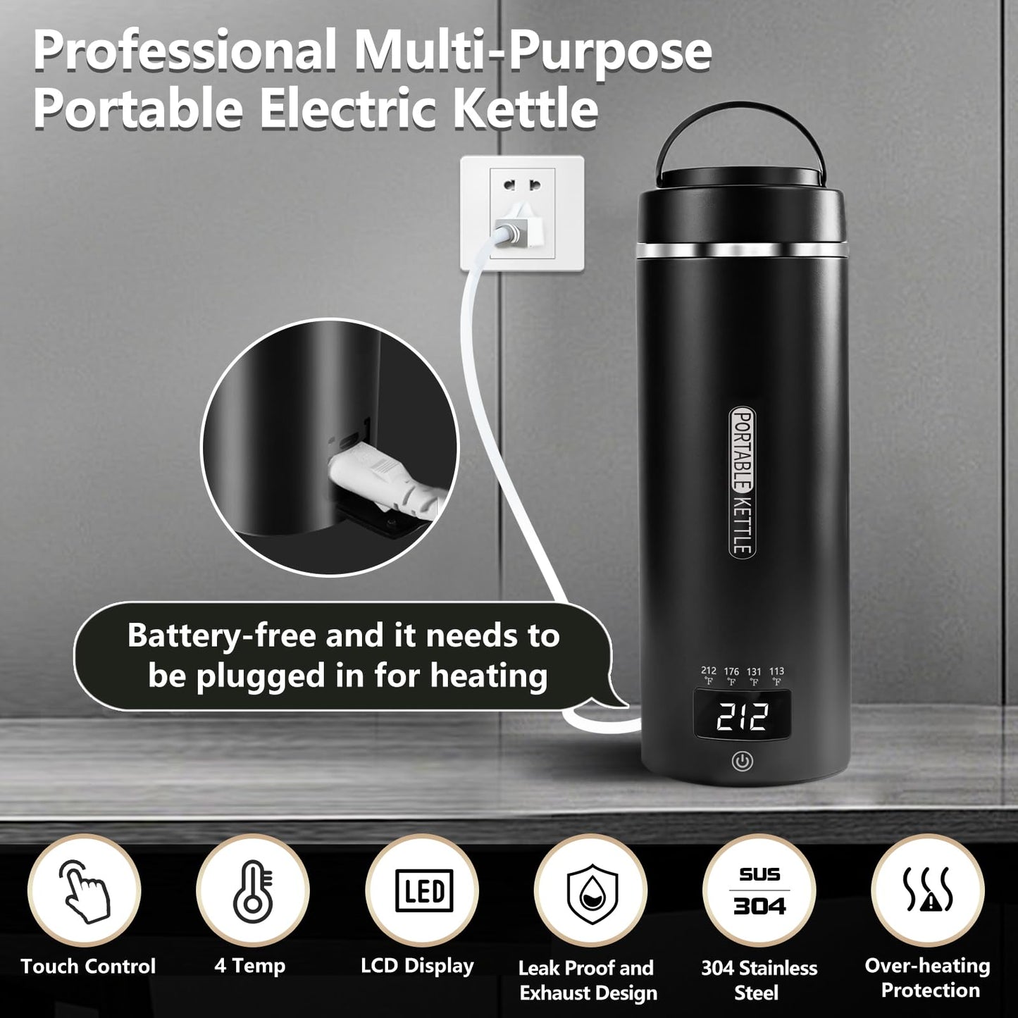 Travel Kettle, Portable Electric Kettle with 4 Temperature Controls, 304 Stainless Steel with Auto Shut-off, Black(120V)