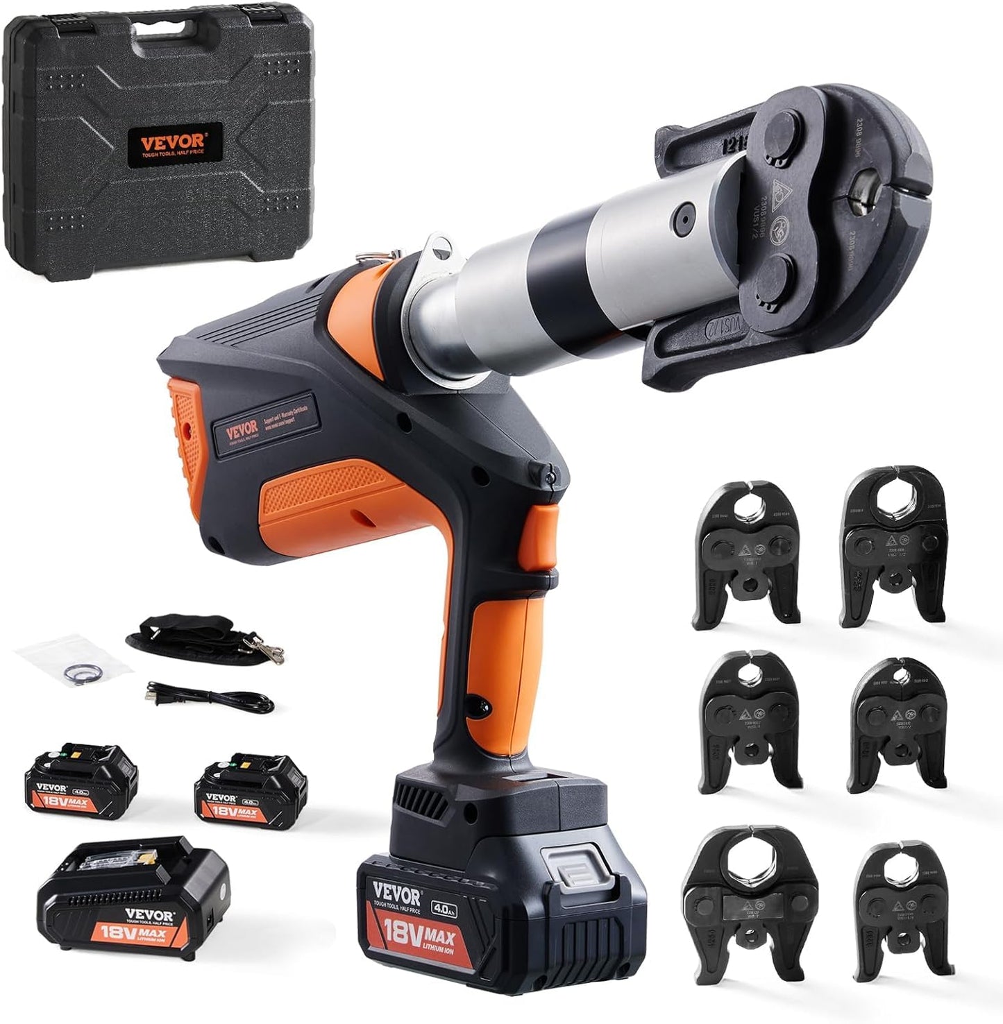 VEVOR 18V Press Tool, 32KN Electric Pipe Crimping Tool for 1/2" to 2" Copper Pipes, 360° Rotation Automatic Crimper with Brushless Motor & 6 Jaws - Compatible with ProPress