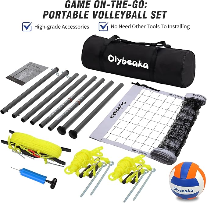 Outdoor Portable Volleyball Net Set for Backyard Beach with Adjustable Heavy Duty Poles, Durable Net, PU Volleyball & Pump, Carry Bag