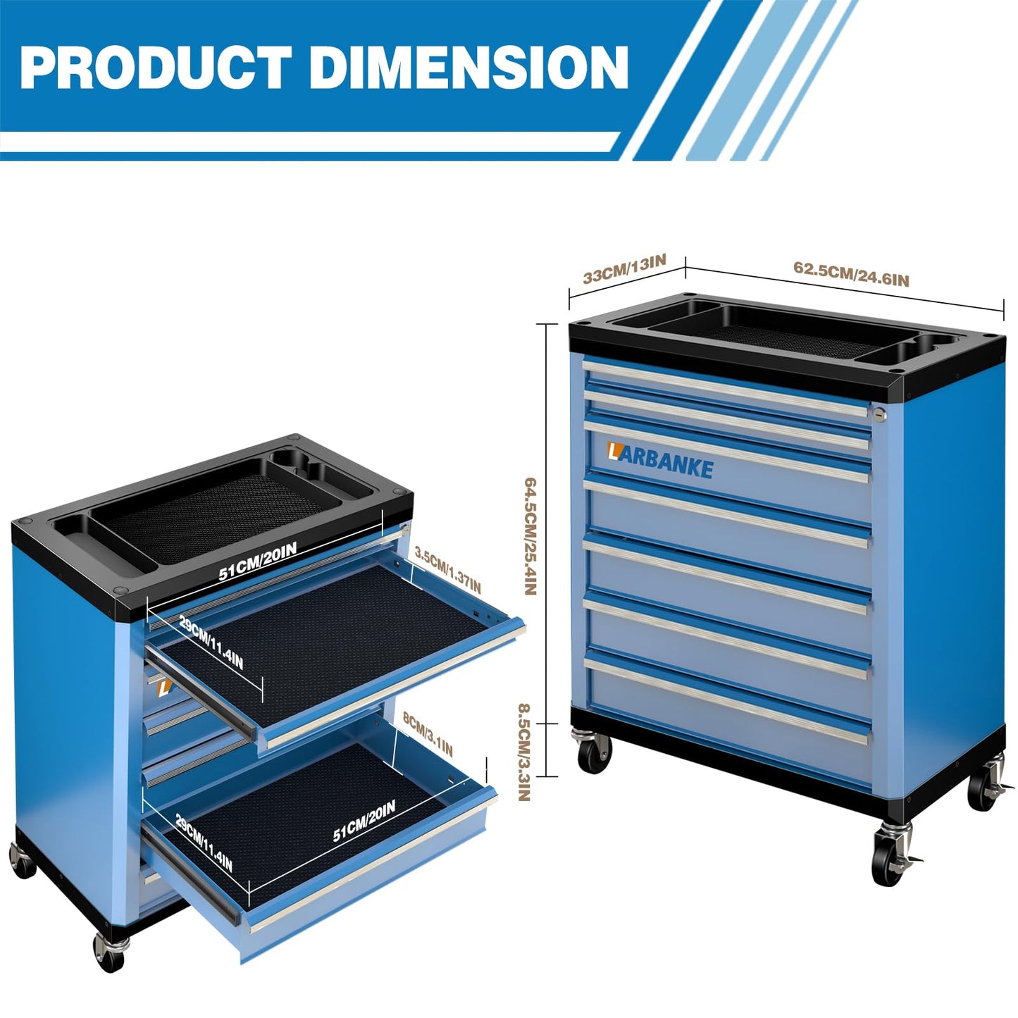 LARBANKE 7-Drawer Rolling Tool Chest with Lock&Keys and Swivel Casters,Tool Chest with Multi-Sizes Drawers and Multifunctional Countertop,Special Connect Rods for Connection with 5-Drawer Tool Cabinet