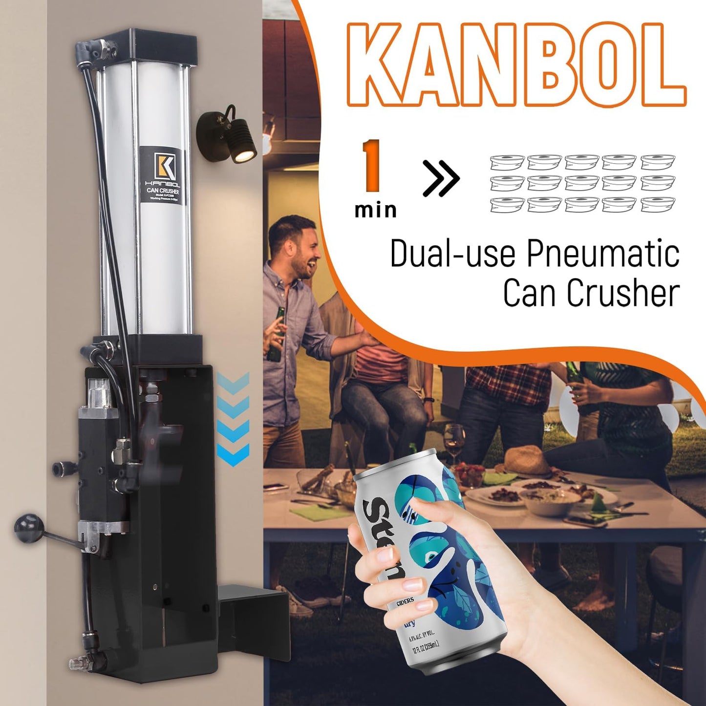 KANBOL Pneumatic Can Crusher, Air Powered Aluminum Can Crusher with Heavy Duty Mechanical Lever for 12/16/24oz Soda & Beer Cans – Series 335 Durable Recycling Tool for Garage & Workshop-Black