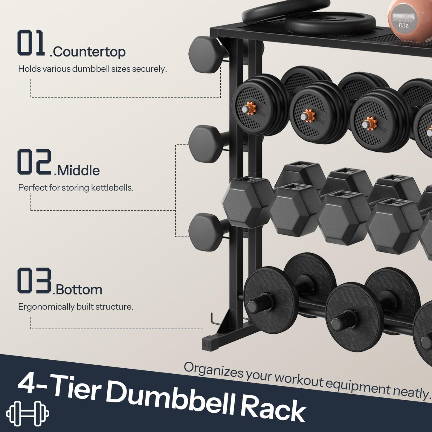 HOOBRO Dumbbell Rack - 4 Tiers Weight Rack for Home Gym, Heavy Duty Weight Storage Racks for Dumbells, Kettlebells, Barbells, Space-Saving Dumbbell Storage Stand Holder with Side Hooks, Black BK87CJ01N1