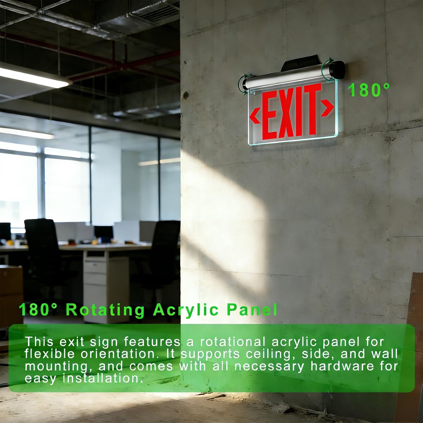 Garrini LED Emergency Exit Sign with Backup Battery UL Certified Wall Ceiling Mounting Acrylic Clear Replaceable Panel Removable Indicator Arrows, Fire Resistant GSEL-200SR