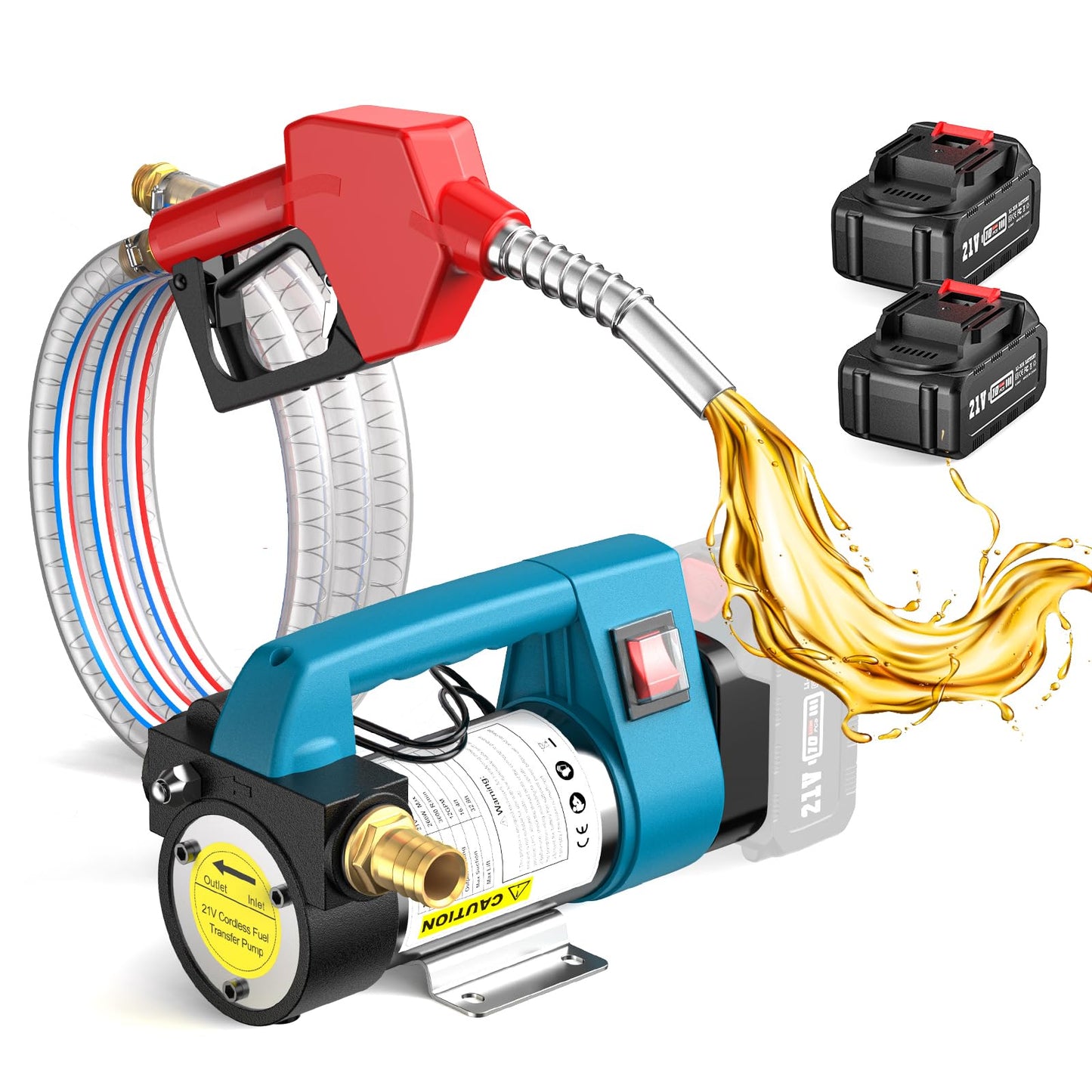 SEESII Fuel Transfer Pump Battery-Powered: 12 GPM Electric Diesel Transfer Pump with 2 x 21V 4.0Ah Batteries, Portable Cordless Pump Kit with Auto Shut-Off Nozzle & 2x6.6 FT Hoses for Diesel Kerosene