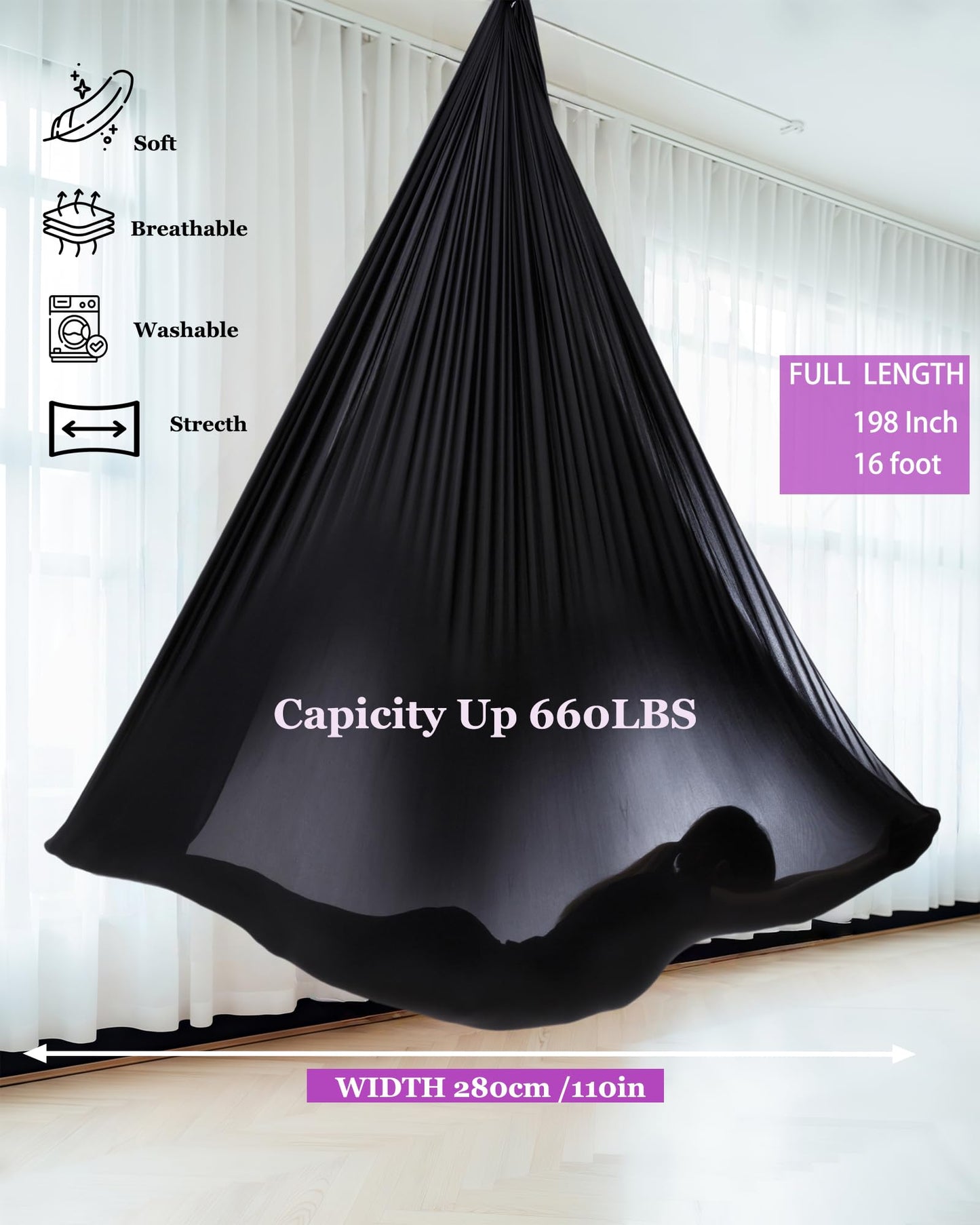F.Life Aerial Yoga Hammock 5.5 Yards Include Daisy Chain,Carabiner and Pose Guide (Black)