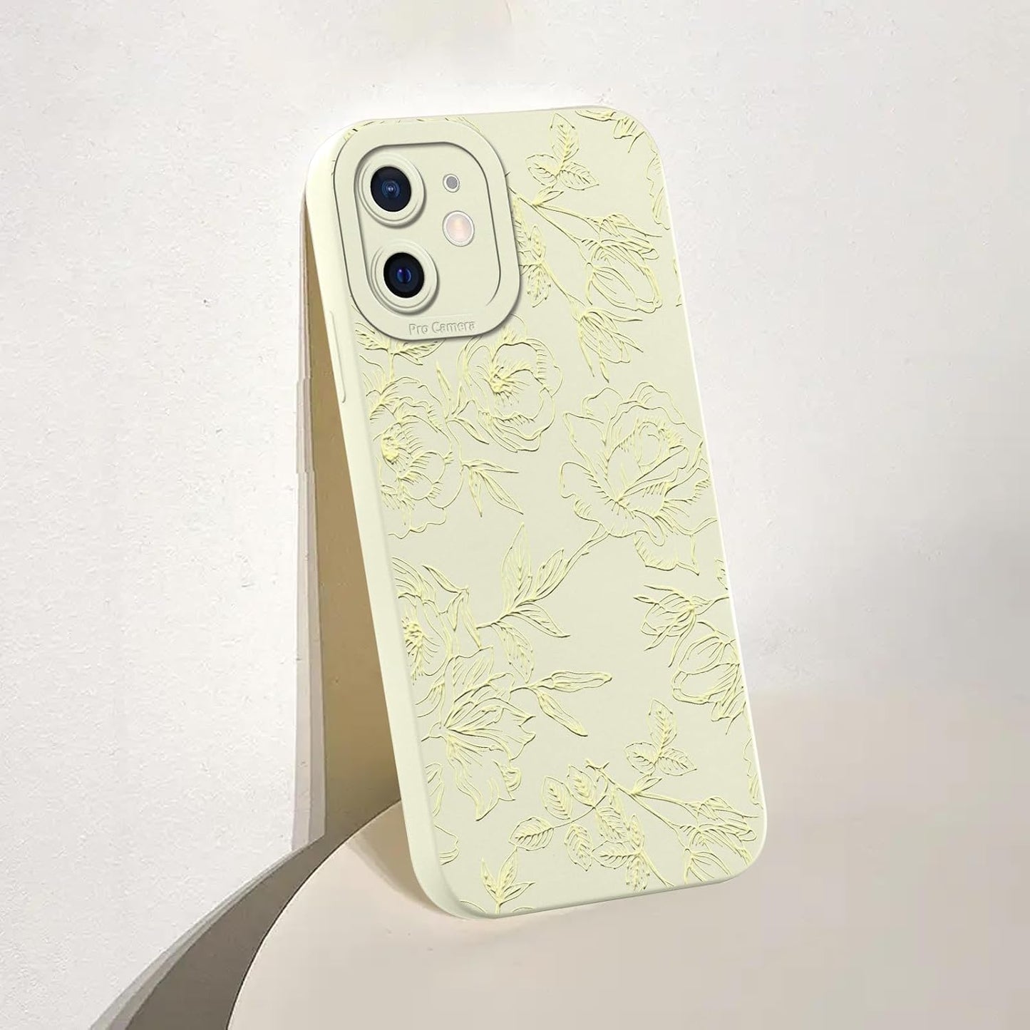 Aoldimu 12 6.1",Aesthetic 12,Beige Cute Flower Phone Case for iPhone Yellow Lines Floral Cases Girly Art Stylish Design