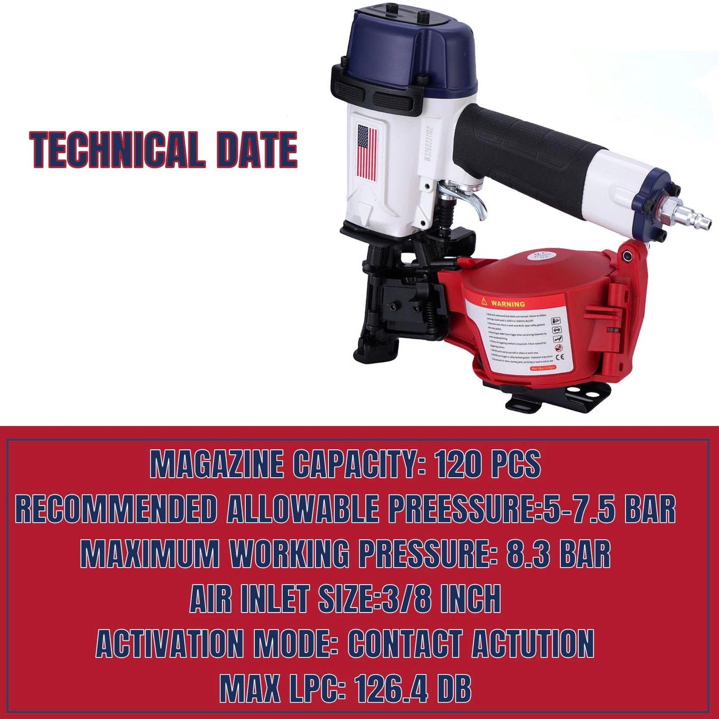 BHTOP American Style CN45N Roofing Nailer, 15 Degree Roofing Nail Gun, 3/4-Inch to 1-3/4-Inch Coil Nails, 120-pcs Load Capacity Coil Nailer
