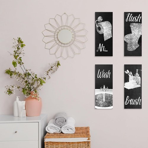 Chinco Funny Bathroom Wall Art | 4-Piece Glam Decor Set for Women | Modern Wood Hanging Decor (Black & White)