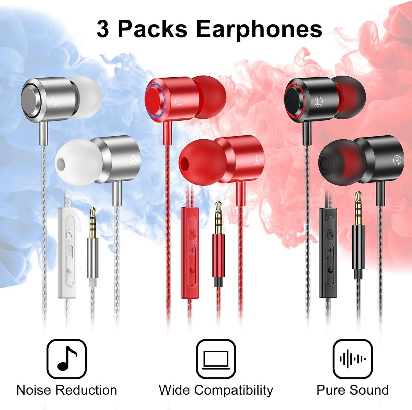 3 Pack MP3 3.5mm Wired Earbuds with Microphone, In-Ear Headphones Wired with Noise Blocking &Volume Control, Premium