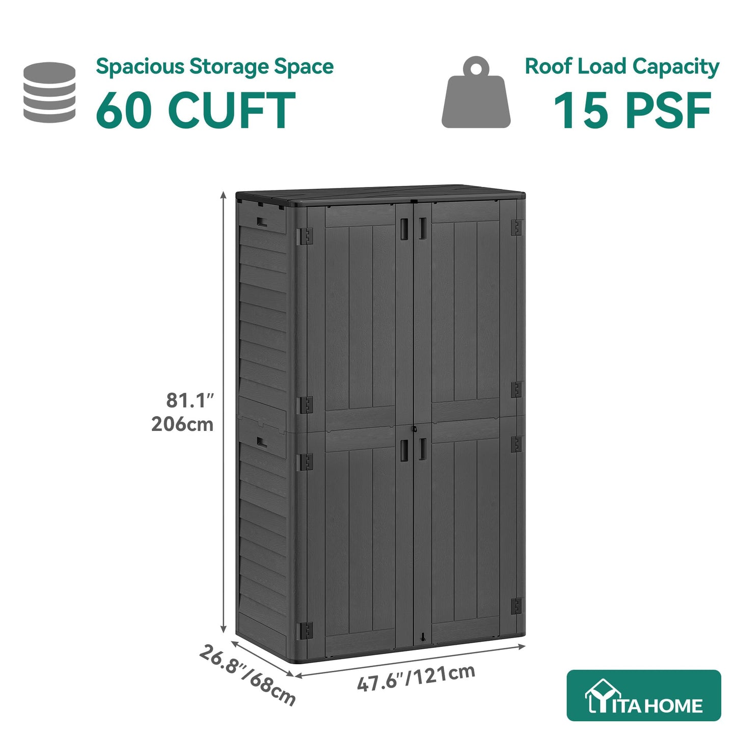 YITAHOME 60 cuft Vertical Outdoor Storage Shed w/o Shelf, Large Waterproof Storage Cabinet for Garden Shed, Tall Outdoor Storage Shed for Garage, Pool Storage, Resin, Lockable, Dark Gray