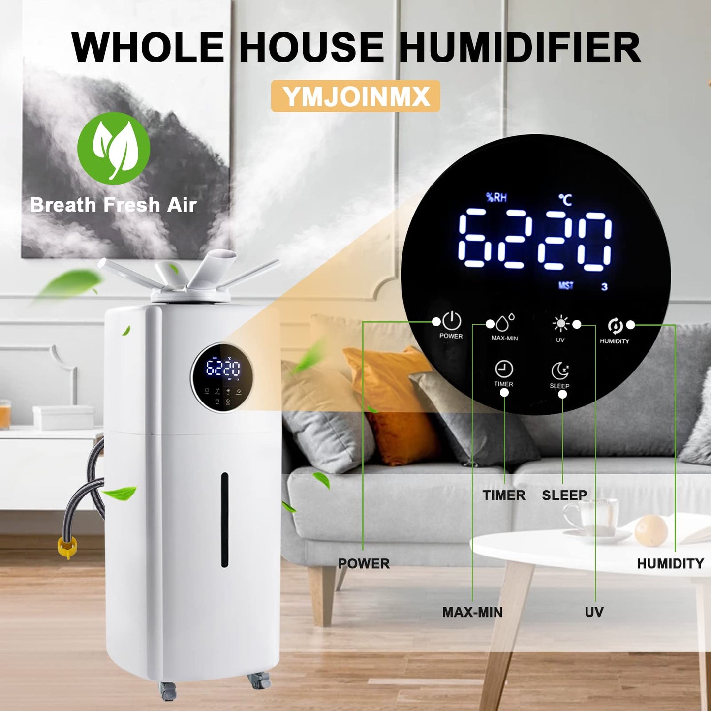 YMJOINMX Commercial Industrial Humidifier Whole House Humidifier 6Gals Water Tank Max 2000ml/h Mist Output Faucet Filling for Plant Large Greenhouse 110V