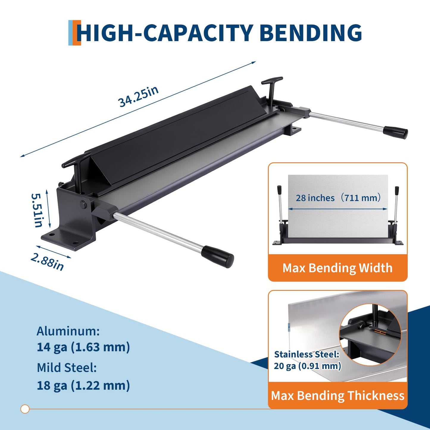GarveeTech Sheet Metal Bender, 28 in Metal Brake, 0-135 Degrees Metal Brake Bender, Bending Brake Max Bending Capacity: 8G Mild Steel | 14G Aluminum | 20G Stainless Steel