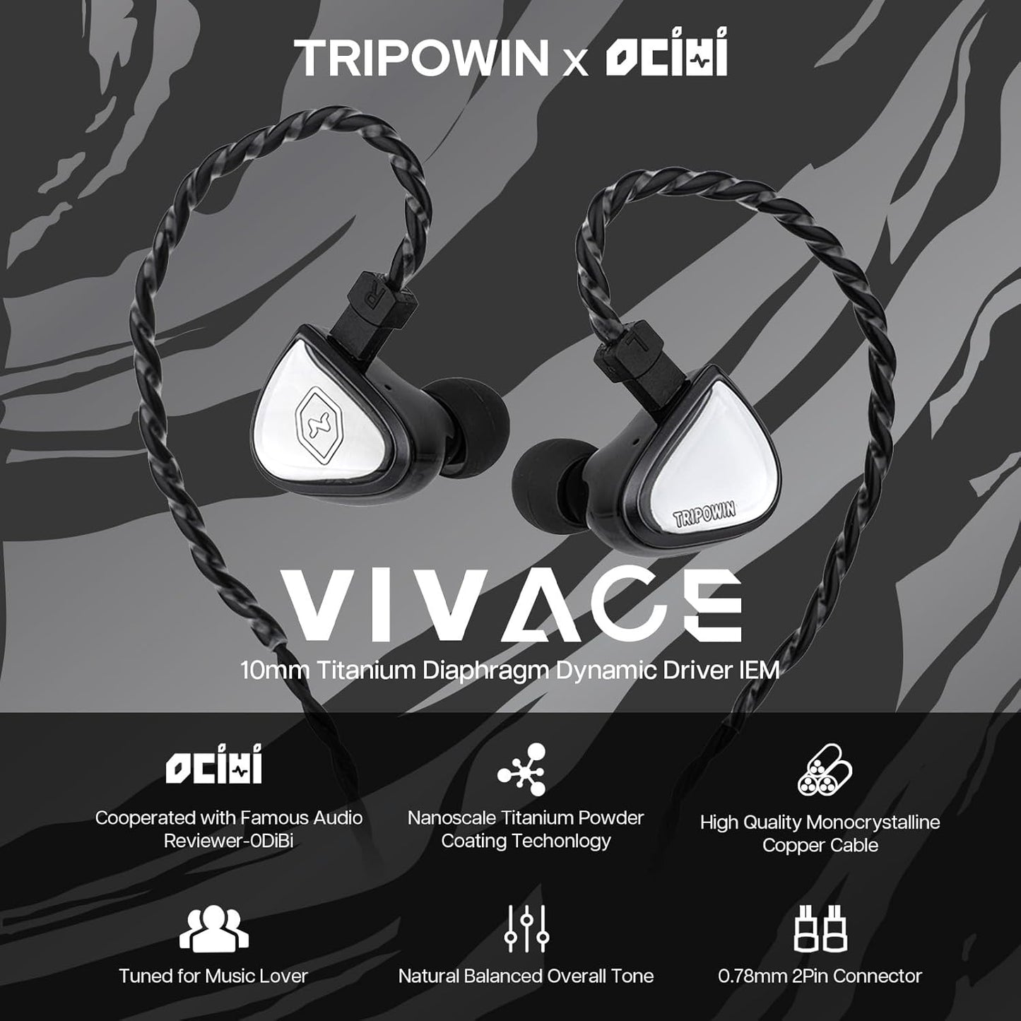 0DiBi: 10mm 2Pin Linsoul Tripowin x Vivace in Ear Monitor, Titanium Diaphragm Dynamic Driver IEM, HiFi Wired Earbuds