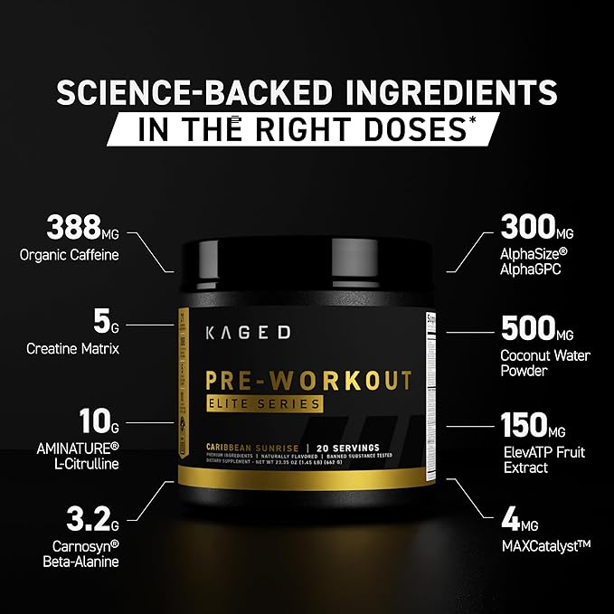 Kaged Pre Workout Elite Powder | Strawberry Lemonade | Pre-Workout with Creatine, Beta Alanine, L-Citrulline, BCAAs | 388 mg Organic Caffeine | Pre Supplements for Men & Women | 20 Servings
