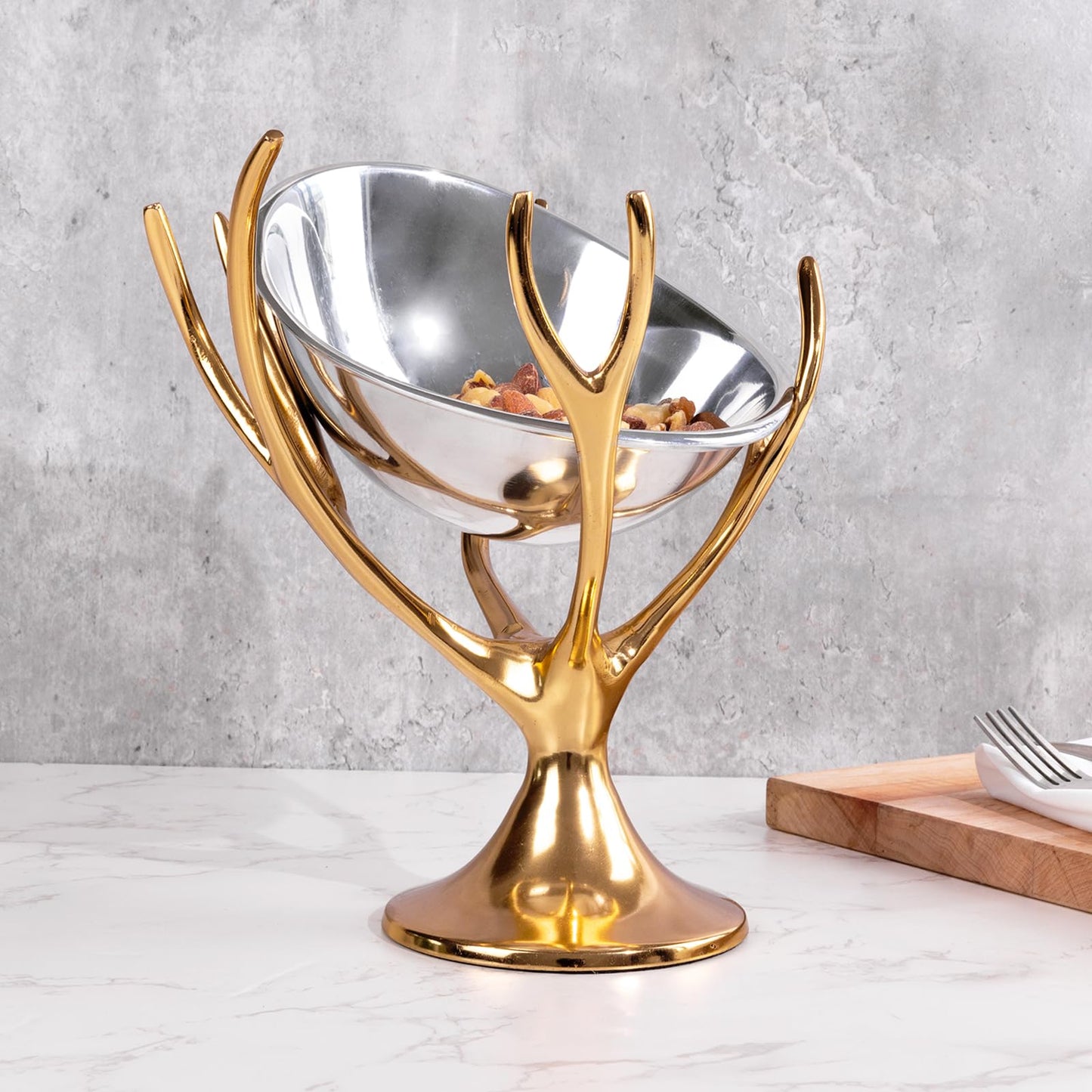 Decorative Gold Brass Branch & Aluminum Footed Bowl, Serving, Fruit, Treats or Catchall for a Table Centerpiece or Use as Pedestal Decor Piece - Serveware Home Decor, Wedding, Party, 10.1" x 9" style