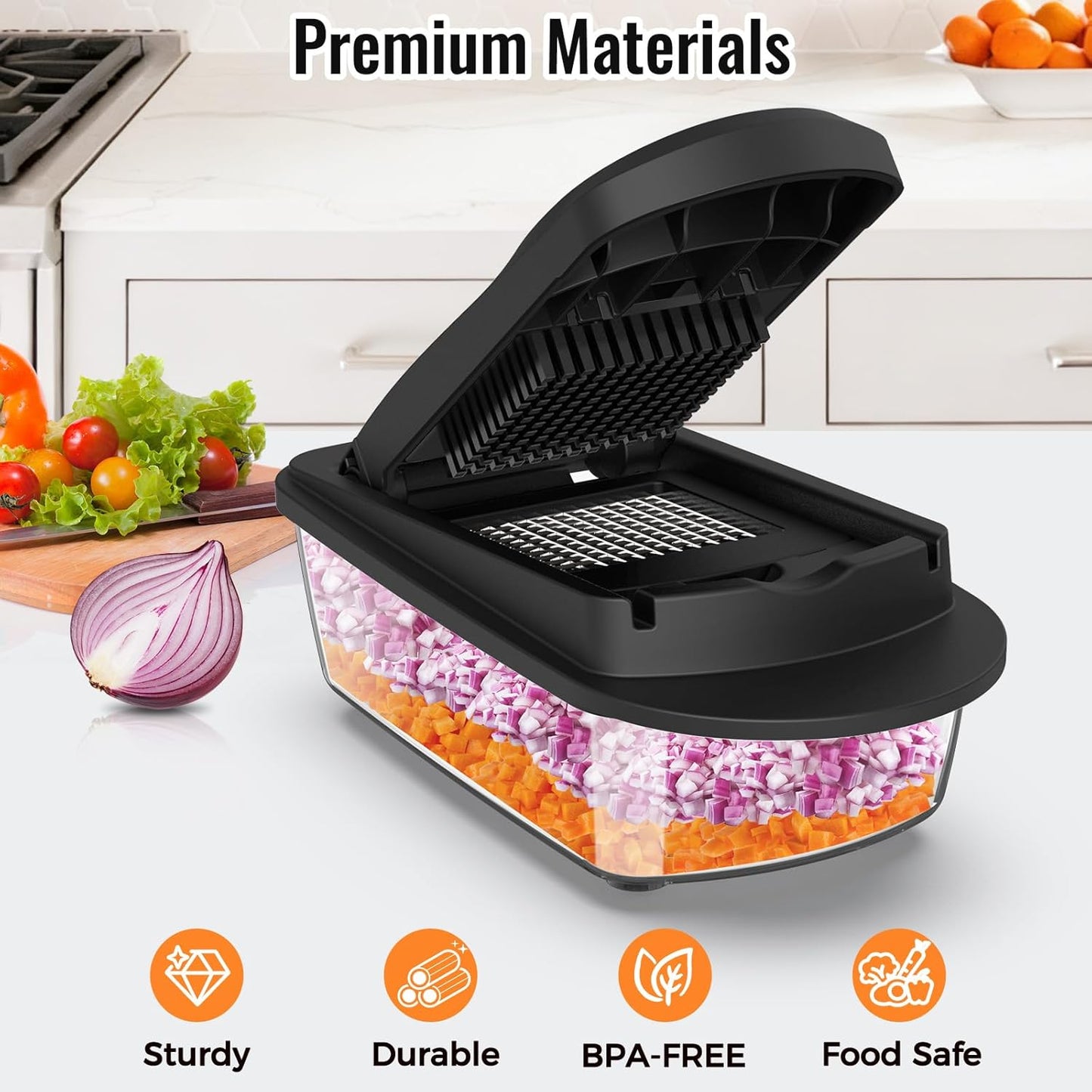 Skiennix 8-Blade Vegetable Chopper - All-in-One Mandoline Slicer with Container | Black Kitchen Gadget