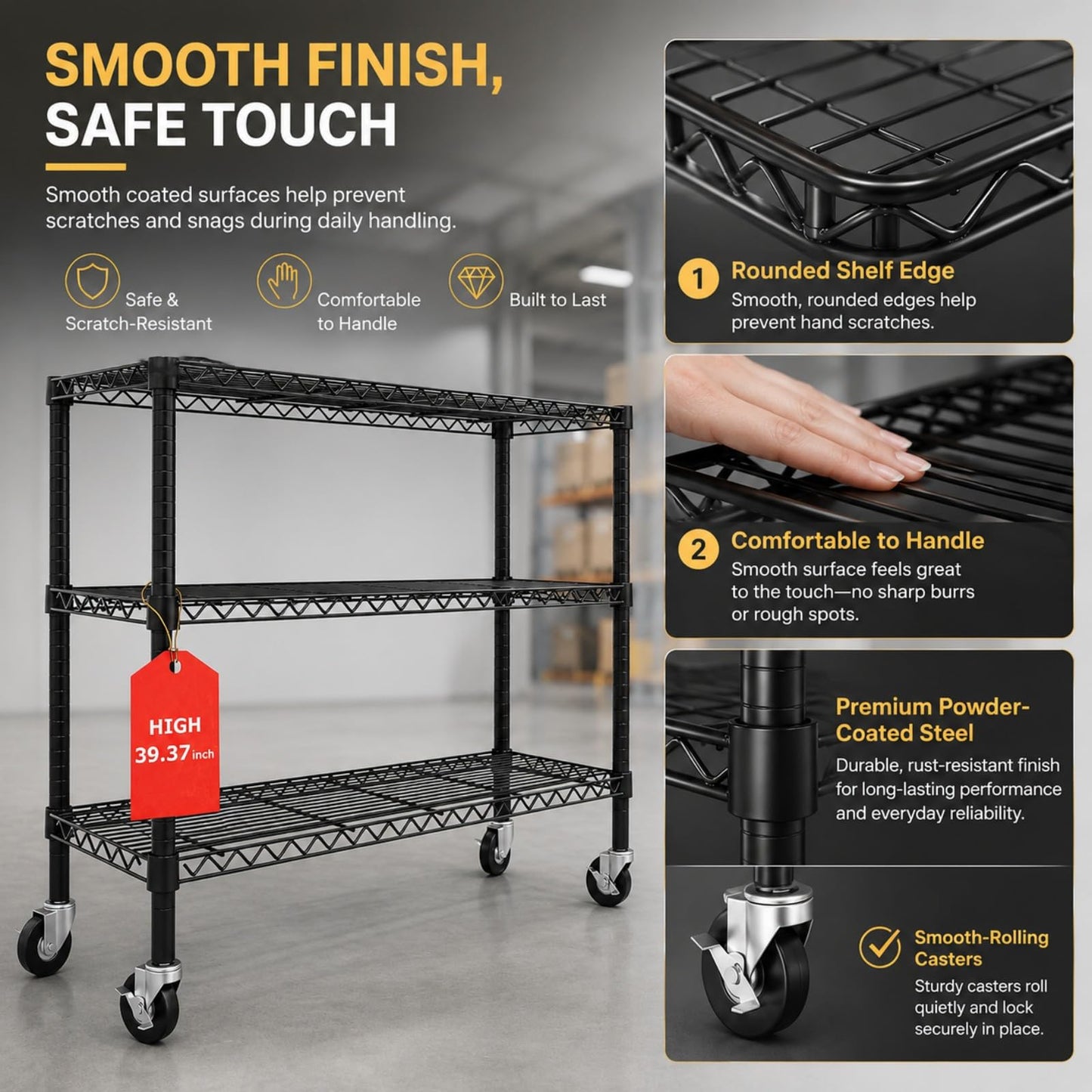 Orchidleaf 3 Tier Wire Shelving Unit with Wheels, Heavy Duty Metal Storage Shelf Rack, 36.9" W x 18.6" D x 39.4" H Rolling Wire Shelf with Locking Casters for Garage, Pantry, Kitchen, Laundry Room,