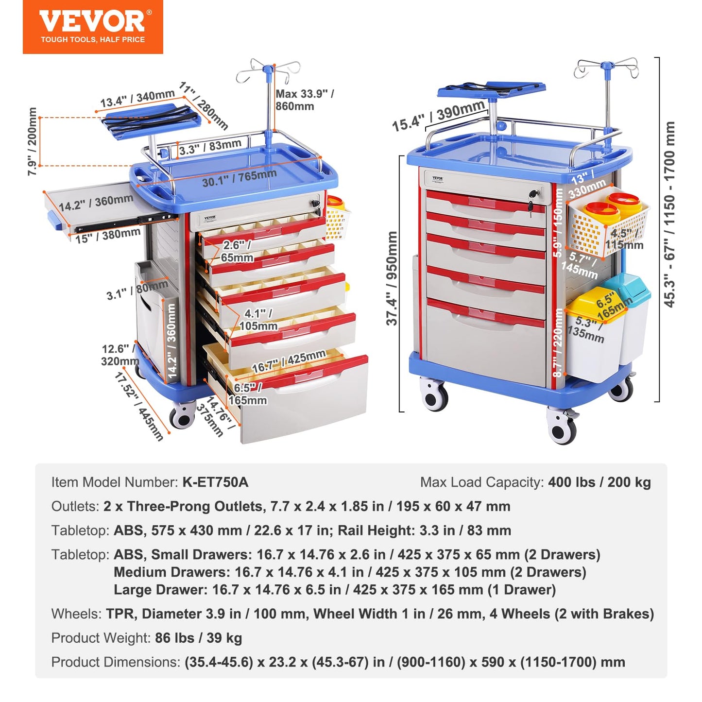 VEVOR Medical Crash Cart, Nursing Emergency Rolling Cart with 5 Drawers & 4 Silent Wheels, Adjust IV Pole, Needle Disposal Holder, Trash Bin, O2 Holder, Mobile Trolley for Hospital, Clinic, Lab, Salon